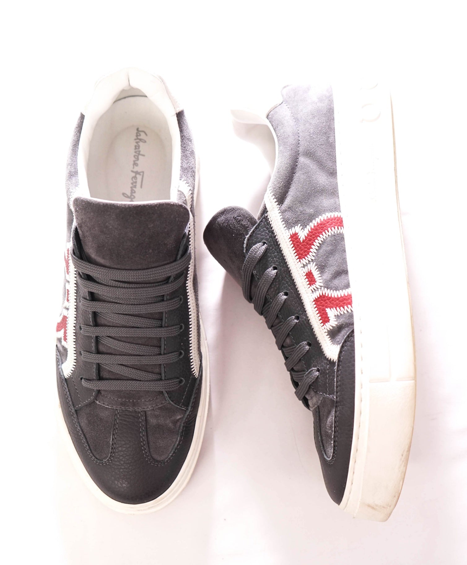 $795 FERRAGAMO - "BORG 5" Gray Leather Sneakers - 8.5 M