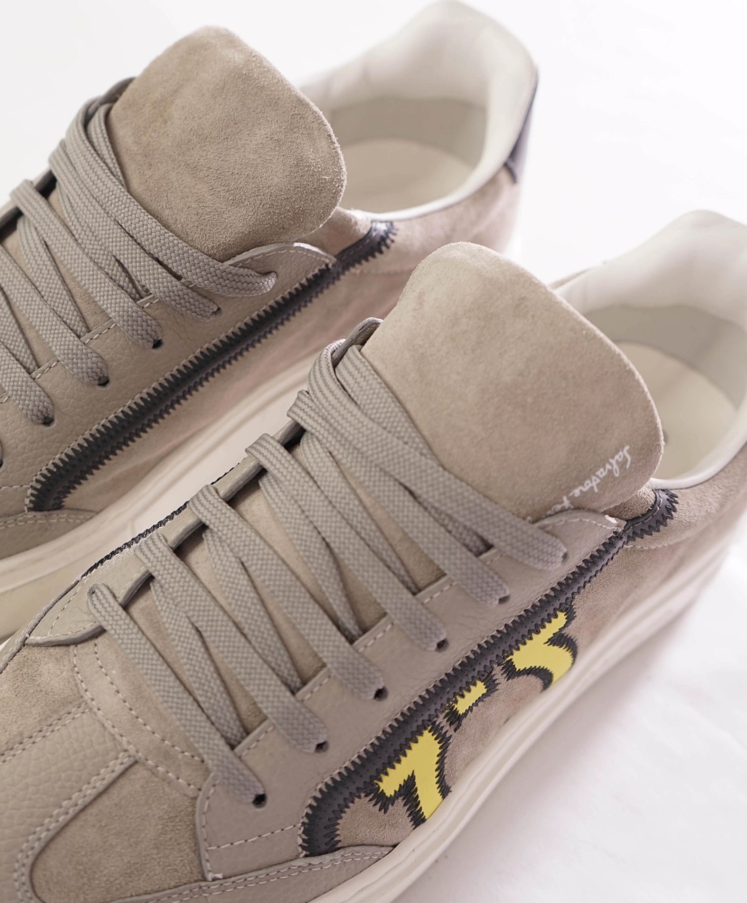 $795 FERRAGAMO - "BORG 5" Suede Gray/Yellow Sneakers - 8.5 M