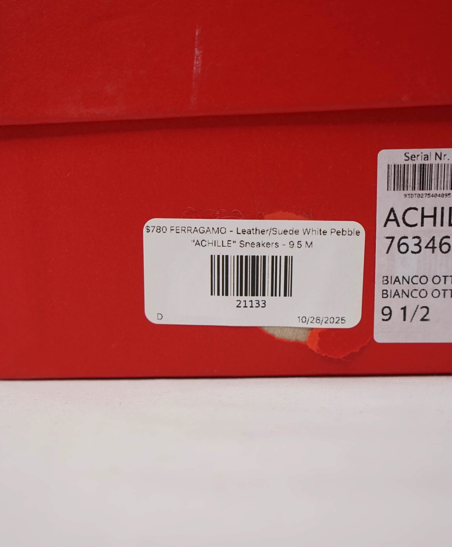 $780 FERRAGAMO - Leather White Pebble "ACHILLE" Sneakers - 9.5 M
