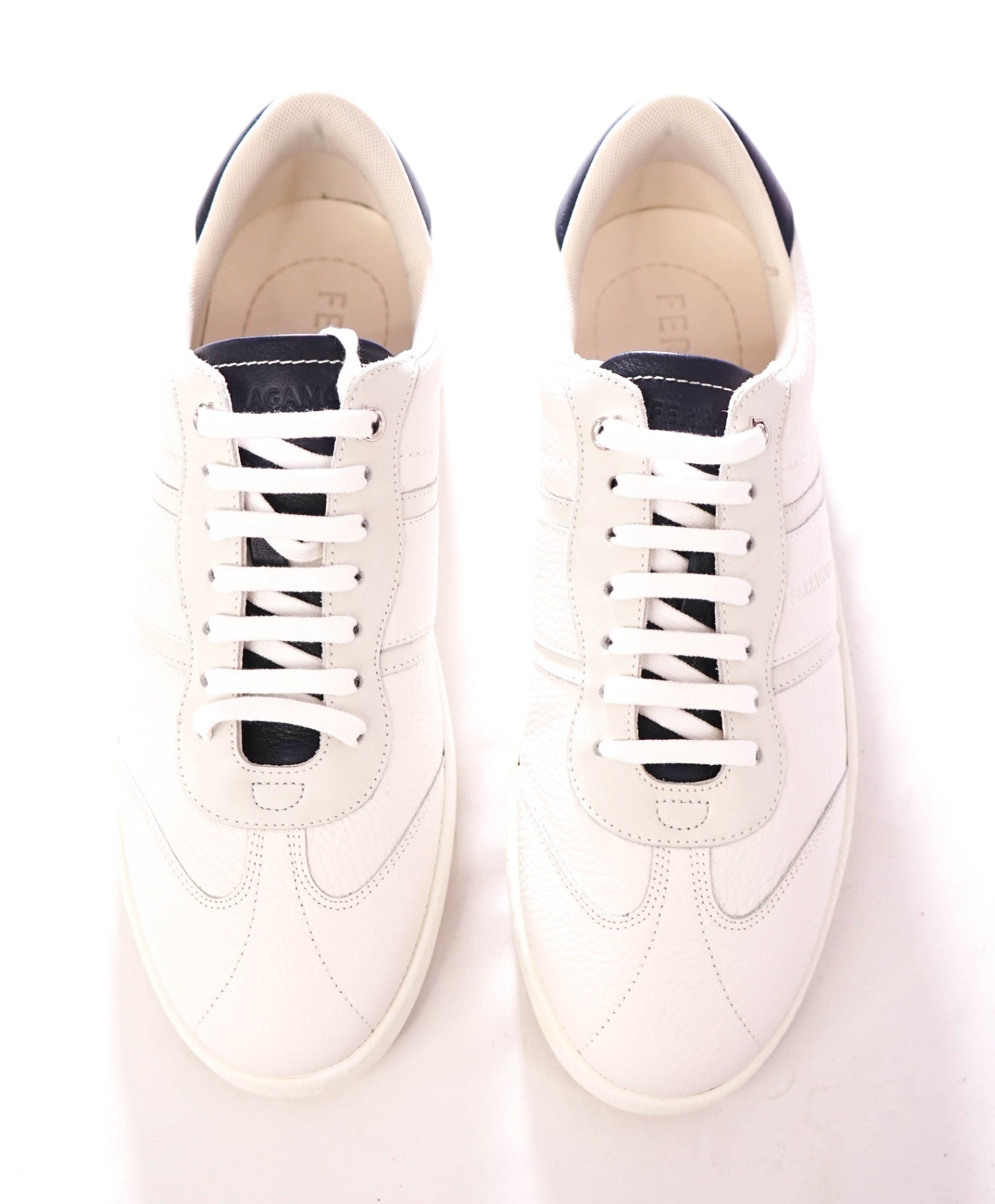 $780 FERRAGAMO - Leather White Pebble "ACHILLE" Sneakers - 9.5 M