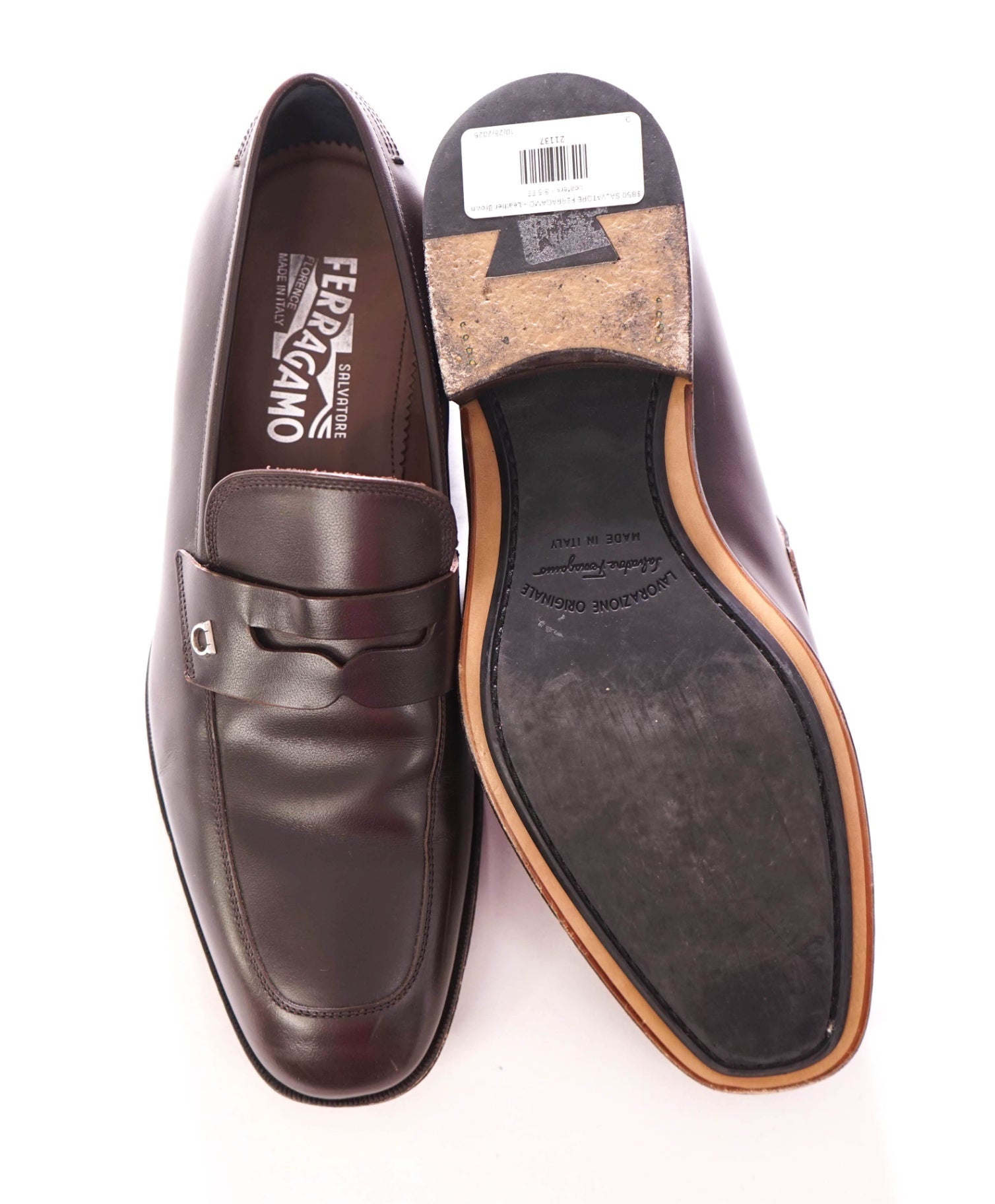 $850 FERRAGAMO - Leather Brown Logo Penny Loafers - 8.5 EE