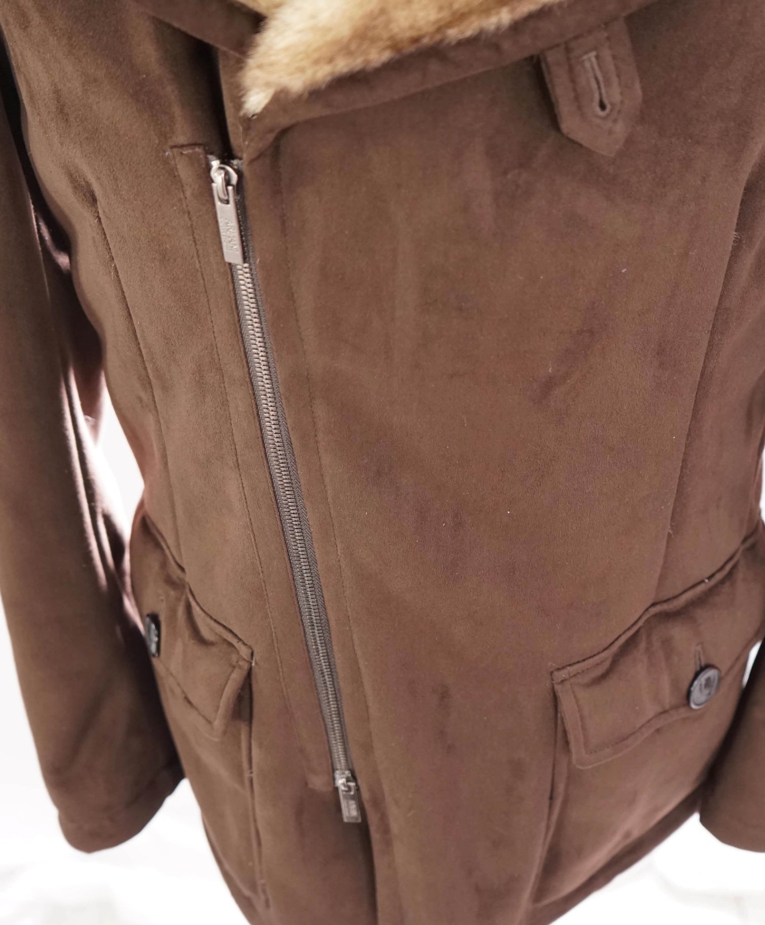 $1,895 Armani Collezioni Brown SUEDE Fur Lined Suede Coat 42