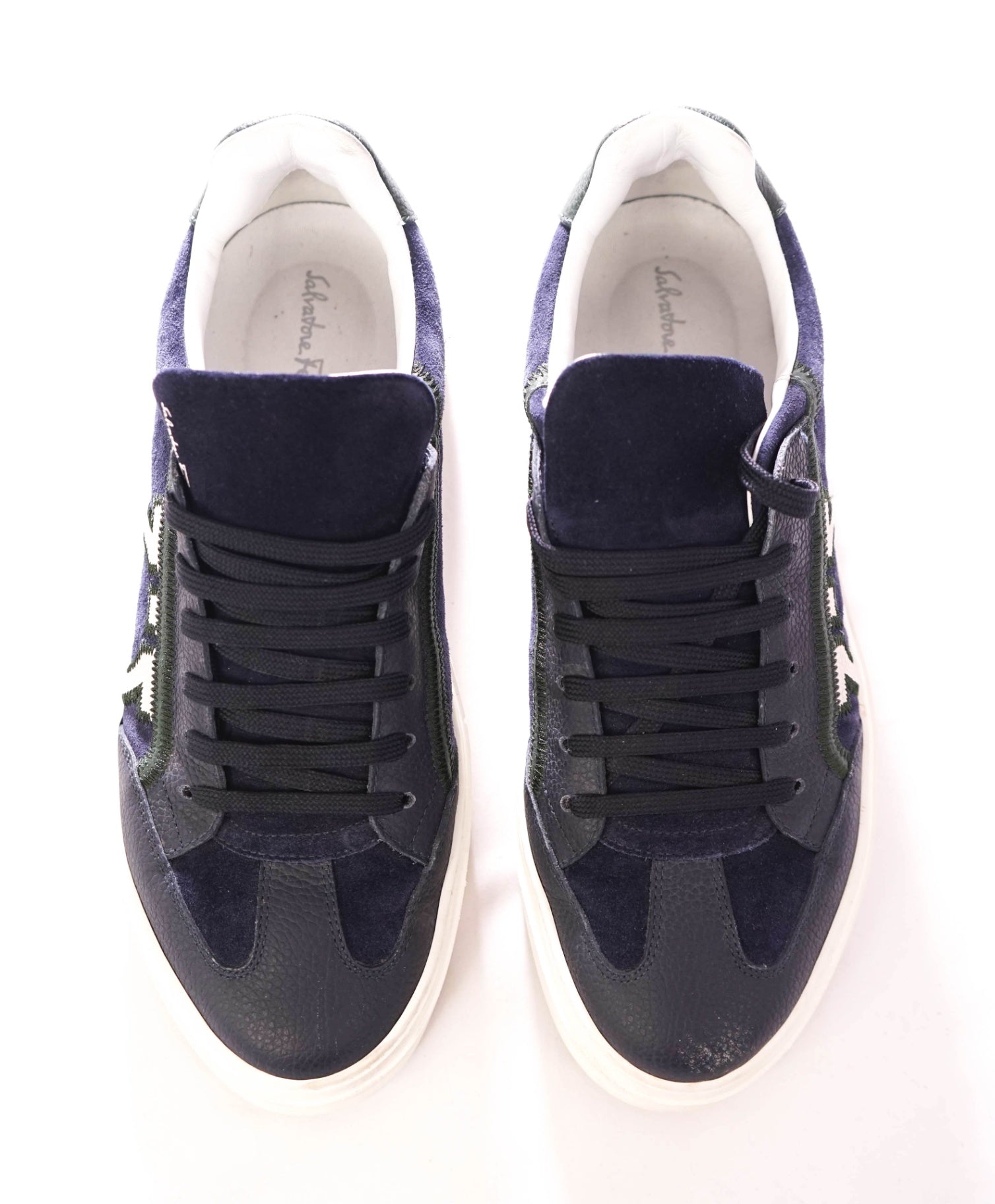 $795 FERRAGAMO - "BORG 5" Leather Blue & Green Sneakers - 8.5 M