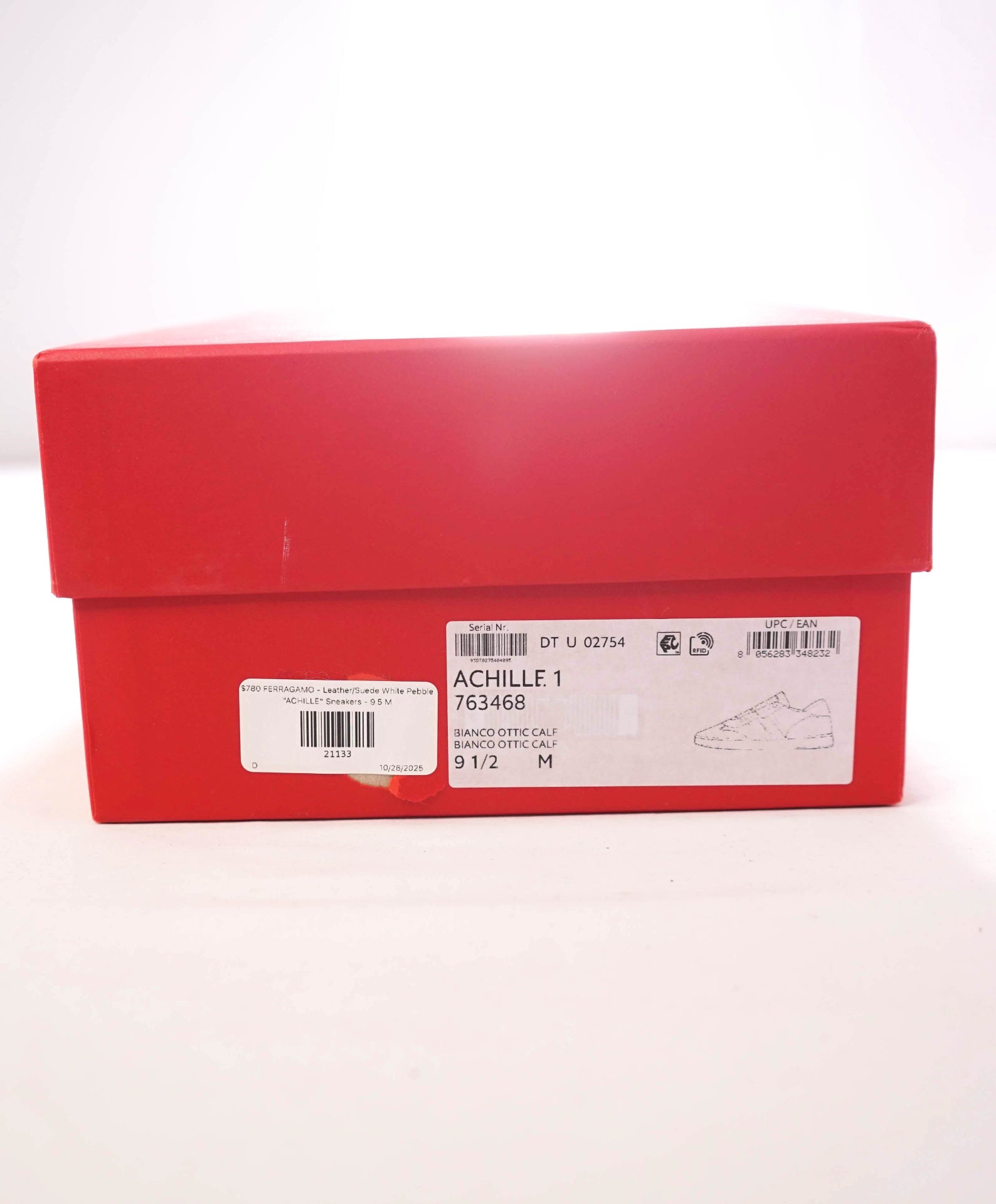 $780 FERRAGAMO - Leather White Pebble "ACHILLE" Sneakers - 9.5 M