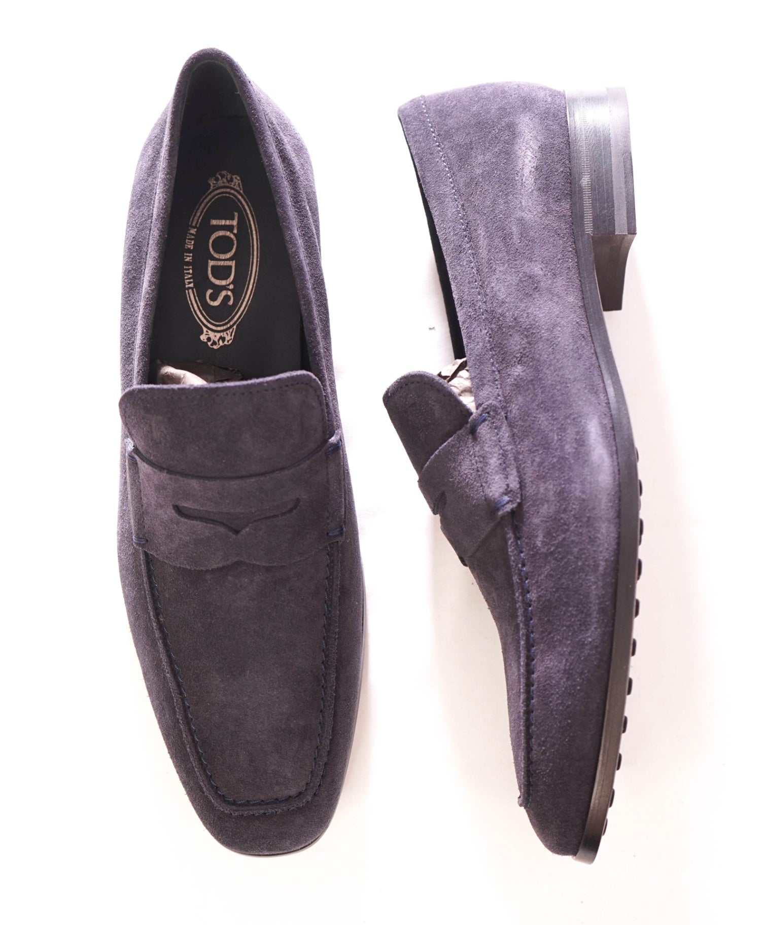 $775 TOD'S - Navy Suede Penny Loafer Leather LOGO Vamp - US 9 (UK8)