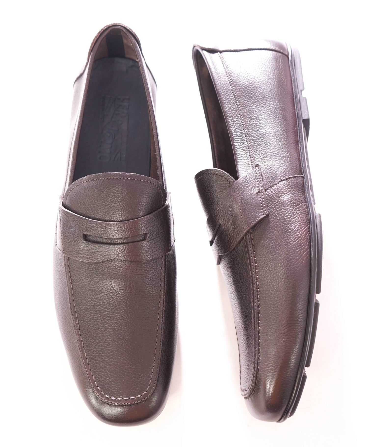 $795 FERRAGAMO - Leather Brown Logo Engraved Penny Loafers - 12 D
