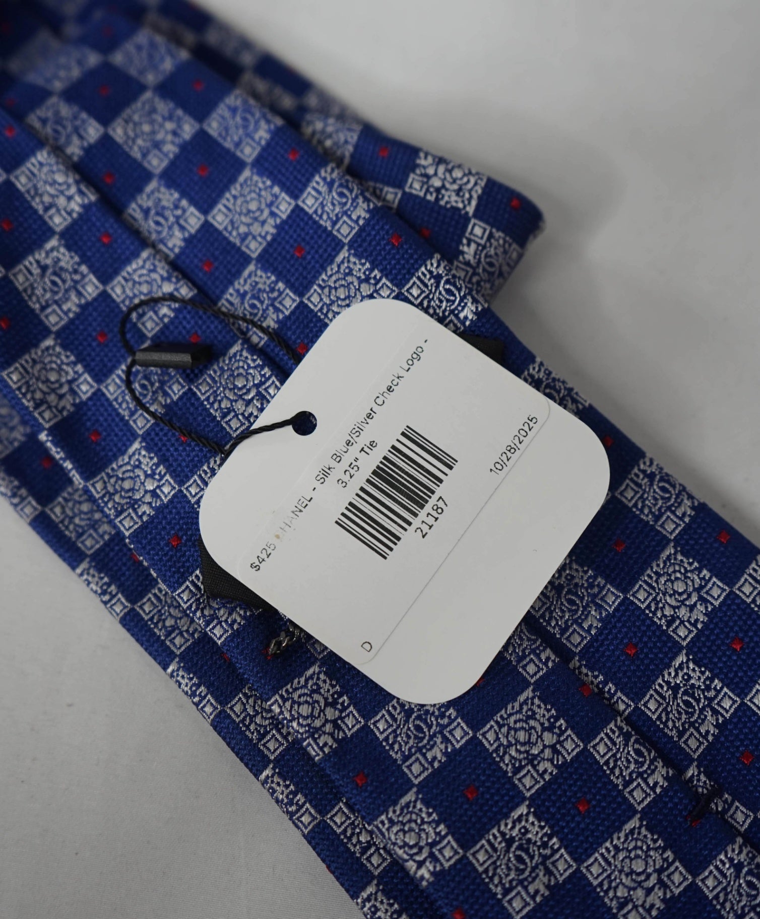 $425 CHANEL - Silk Blue/Silver Check Logo - 3.25" Tie