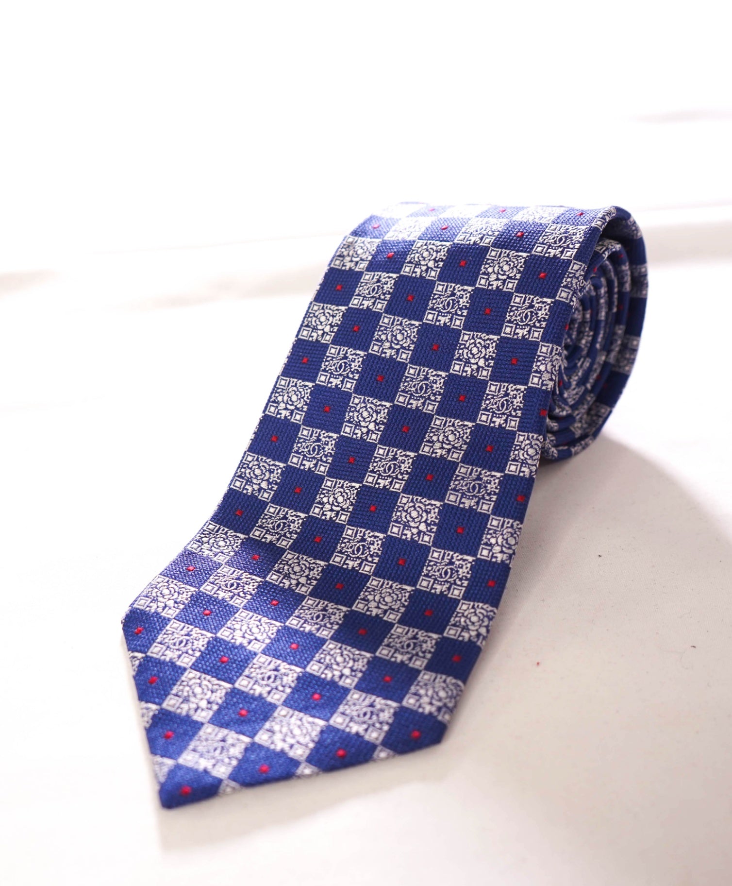 $425 CHANEL - Silk Blue/Silver Check Logo - 3.25" Tie