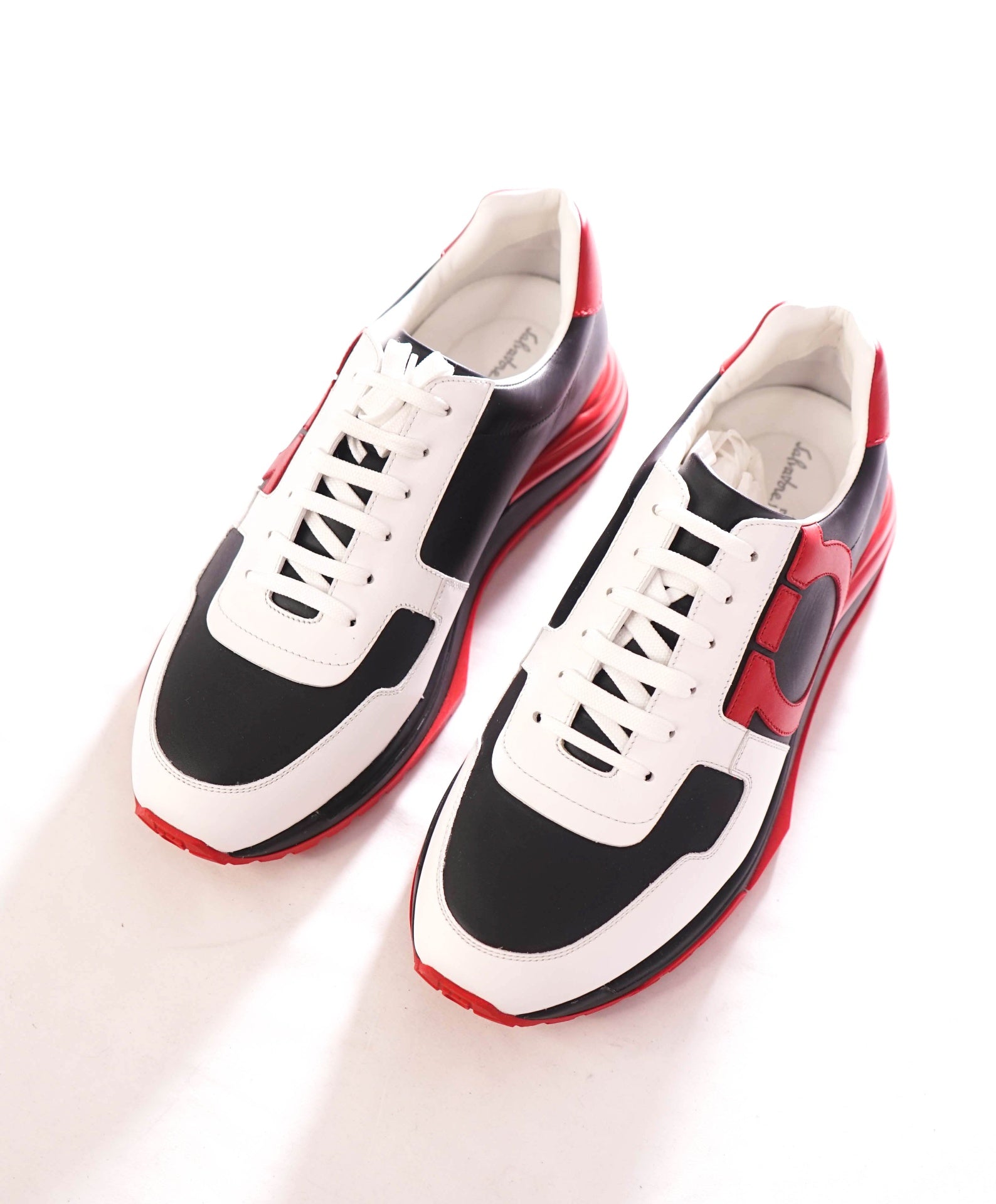 $950 FERRAGAMO - Leather Black/Red "Brooklyn" Sneakers - 9 M