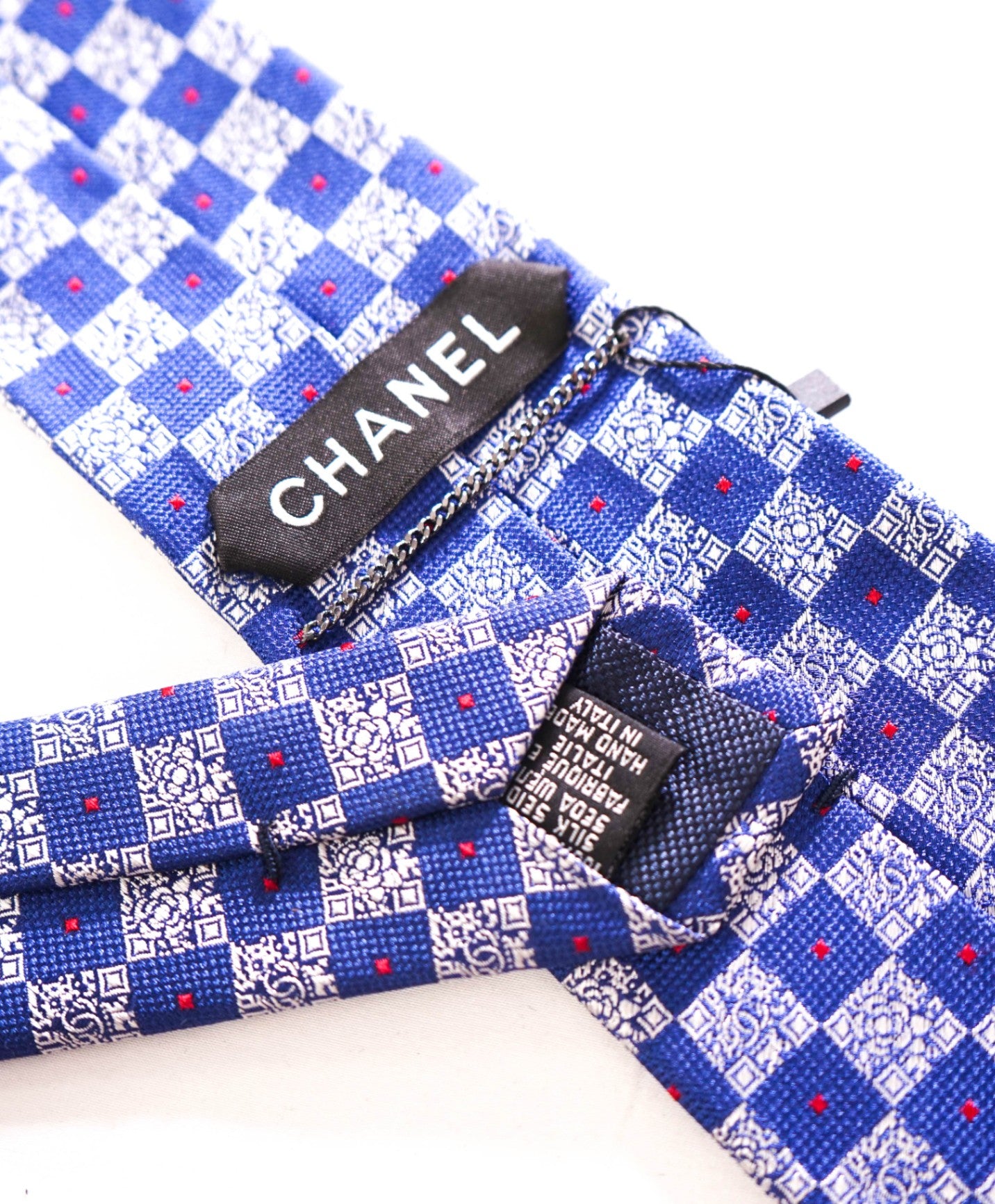 $425 CHANEL - Silk Blue/Silver Check Logo - 3.25" Tie