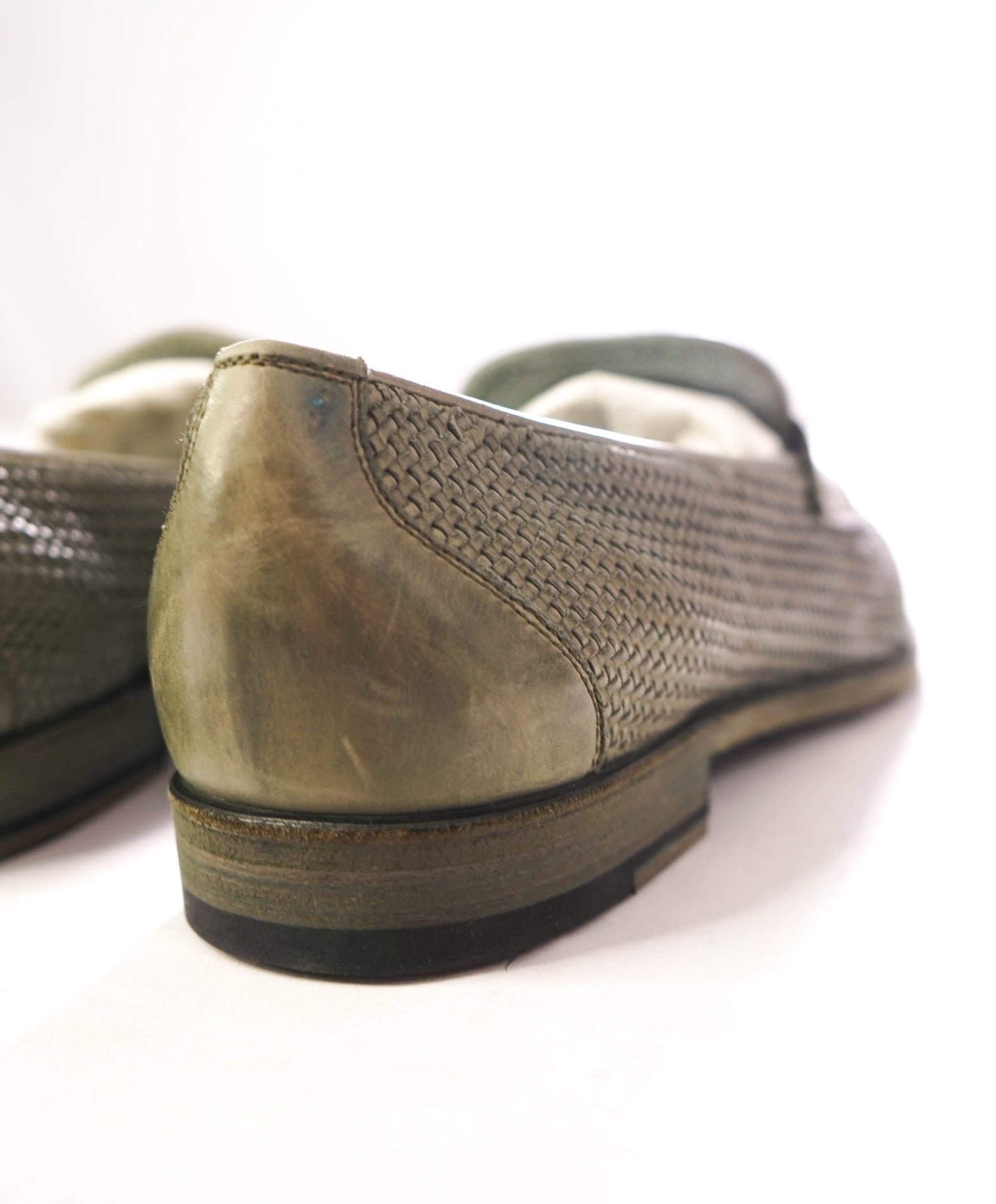 $995 FRATELLI ROSSETTI - Woven Leather Green Loafers - 8US (7UK)