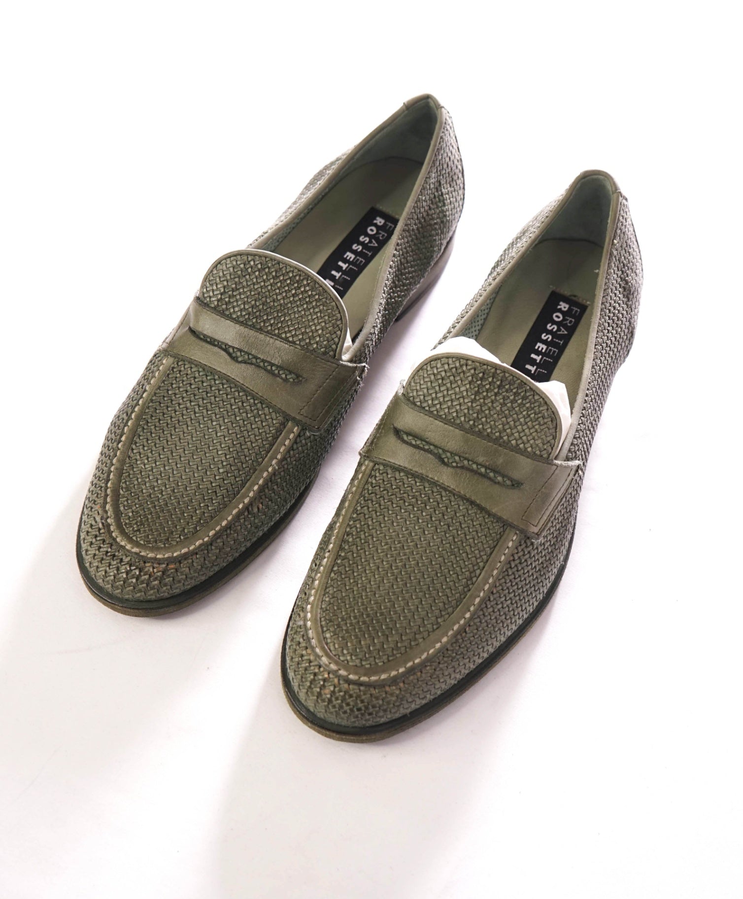 $995 FRATELLI ROSSETTI - Woven Leather Green Loafers - 8US (7UK)