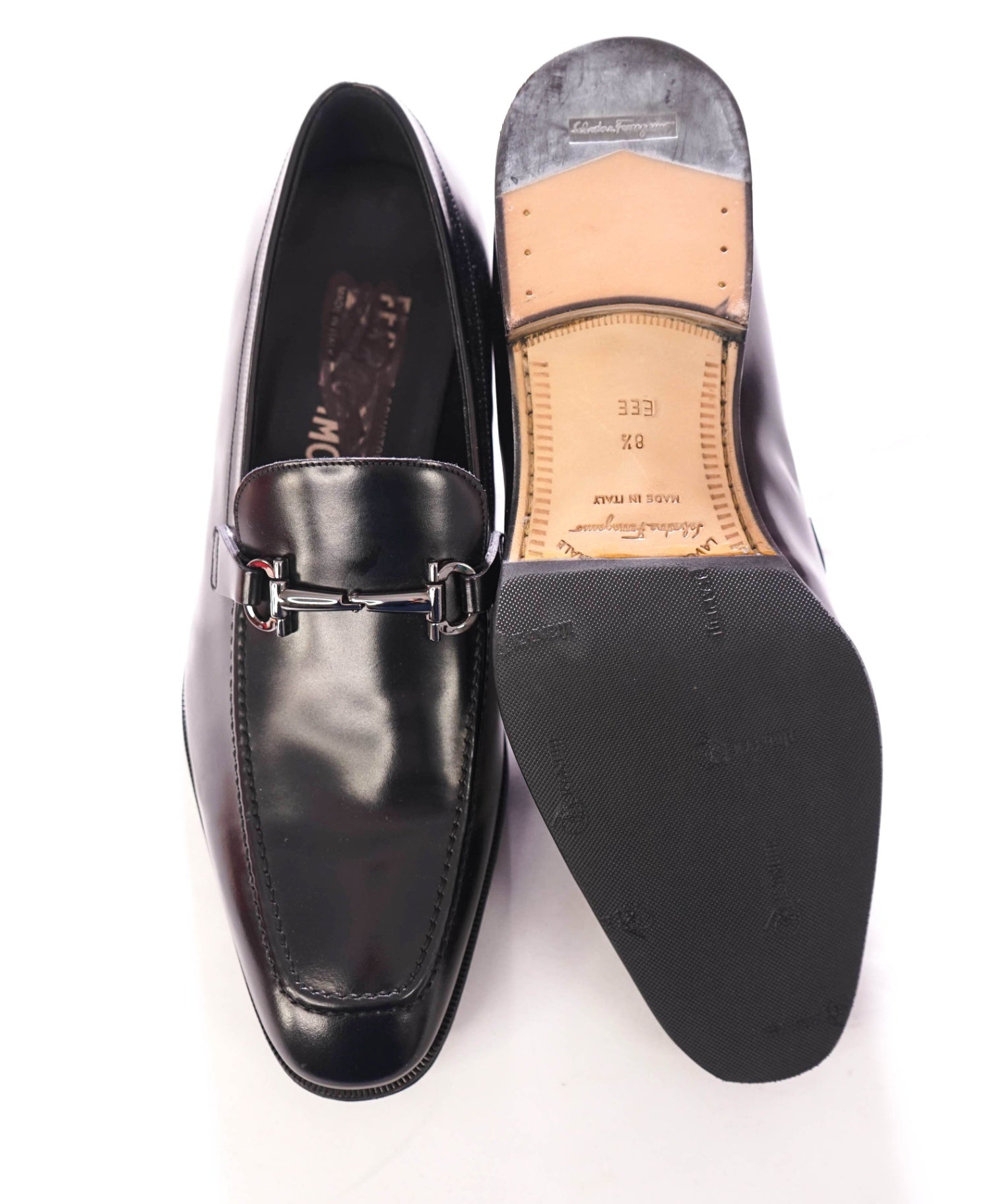 $850 FERRAGAMO - Leather Fenice Black Loafers - 8.5 3E
