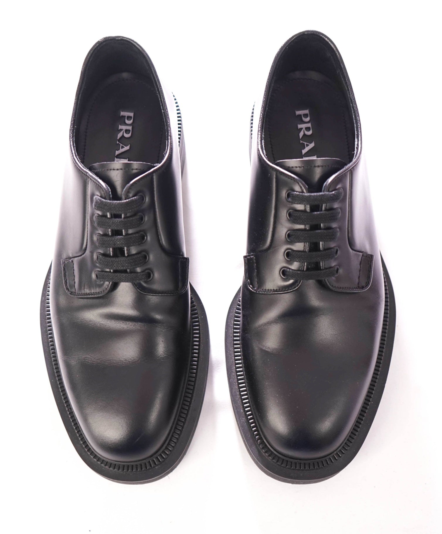 $950 Prada - Leather Black LUG SOLE Logo Derby - US 8.5 (7.5UK)