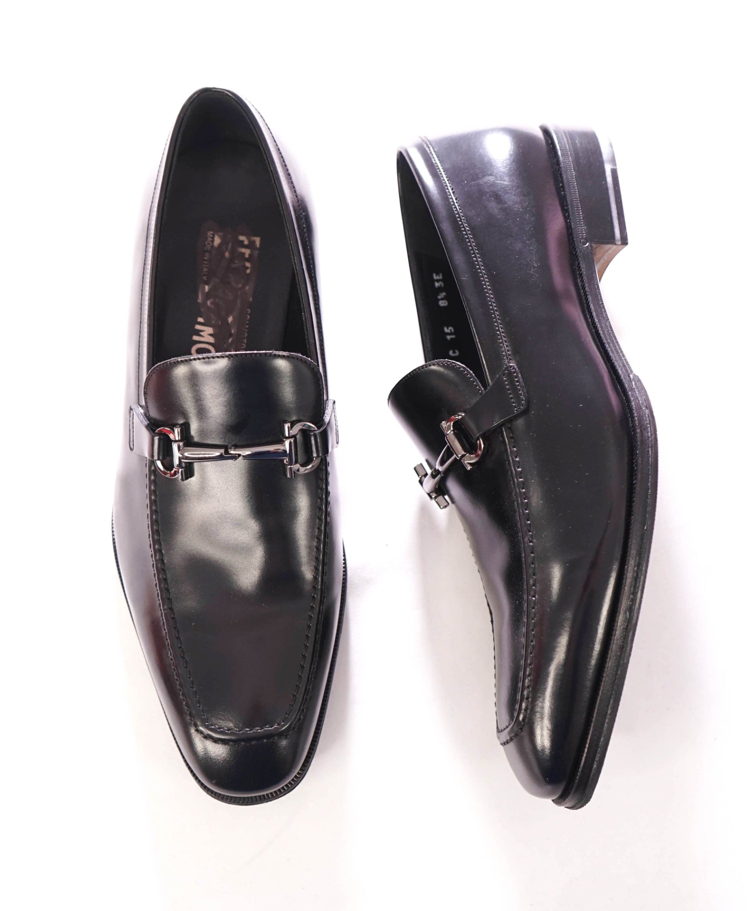 $850 FERRAGAMO - Leather Fenice Black Loafers - 8.5 3E