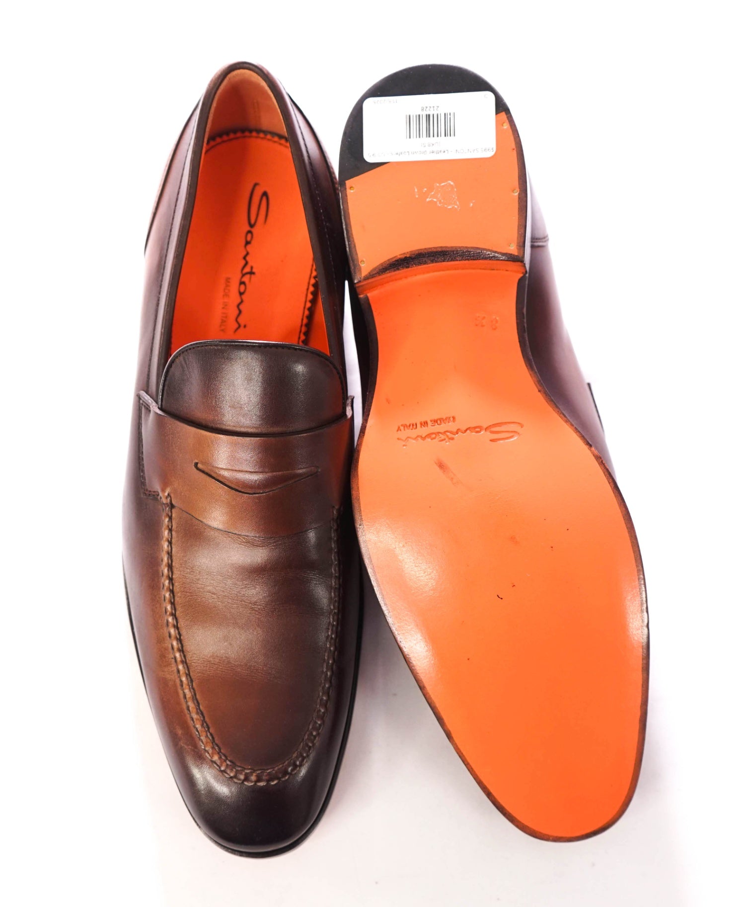 $995 SANTONI - Leather Brown Patina Penny Loafers - US 9.5 (8.5 UK)