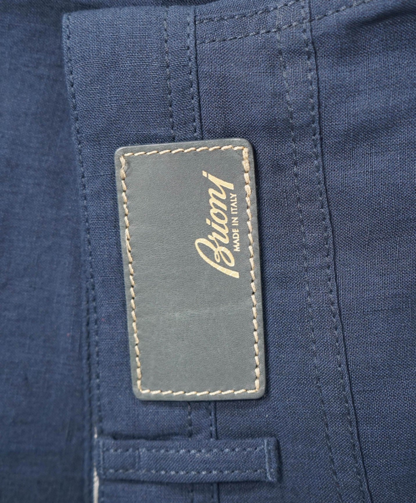 $1,195 BRIONI - Linen Navy Blue 5-Pocket Logo Patch Pants - 46W