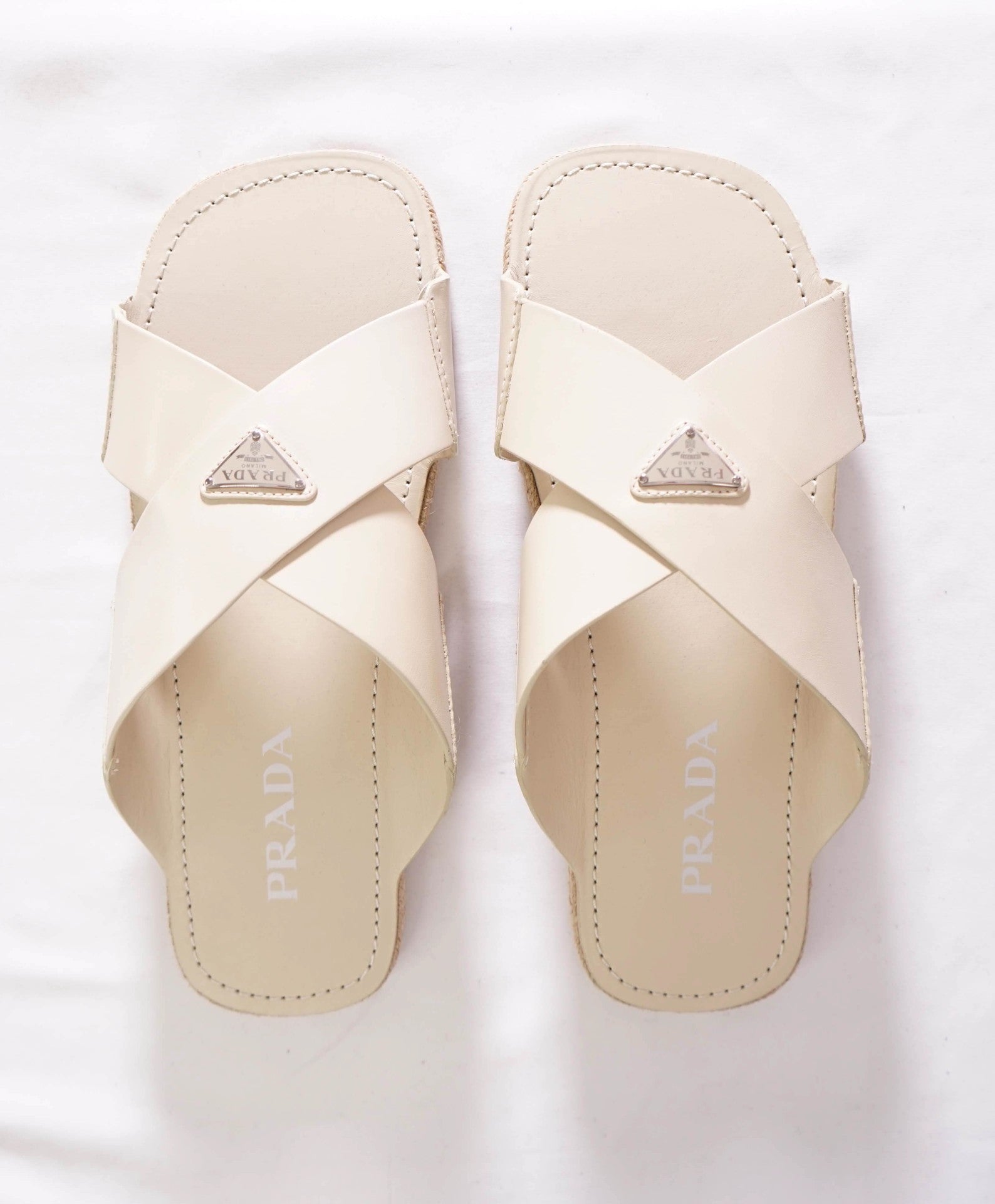 $950 PRADA - Leather Tan Crisscross Slides Sandals - US 10 (9UK)