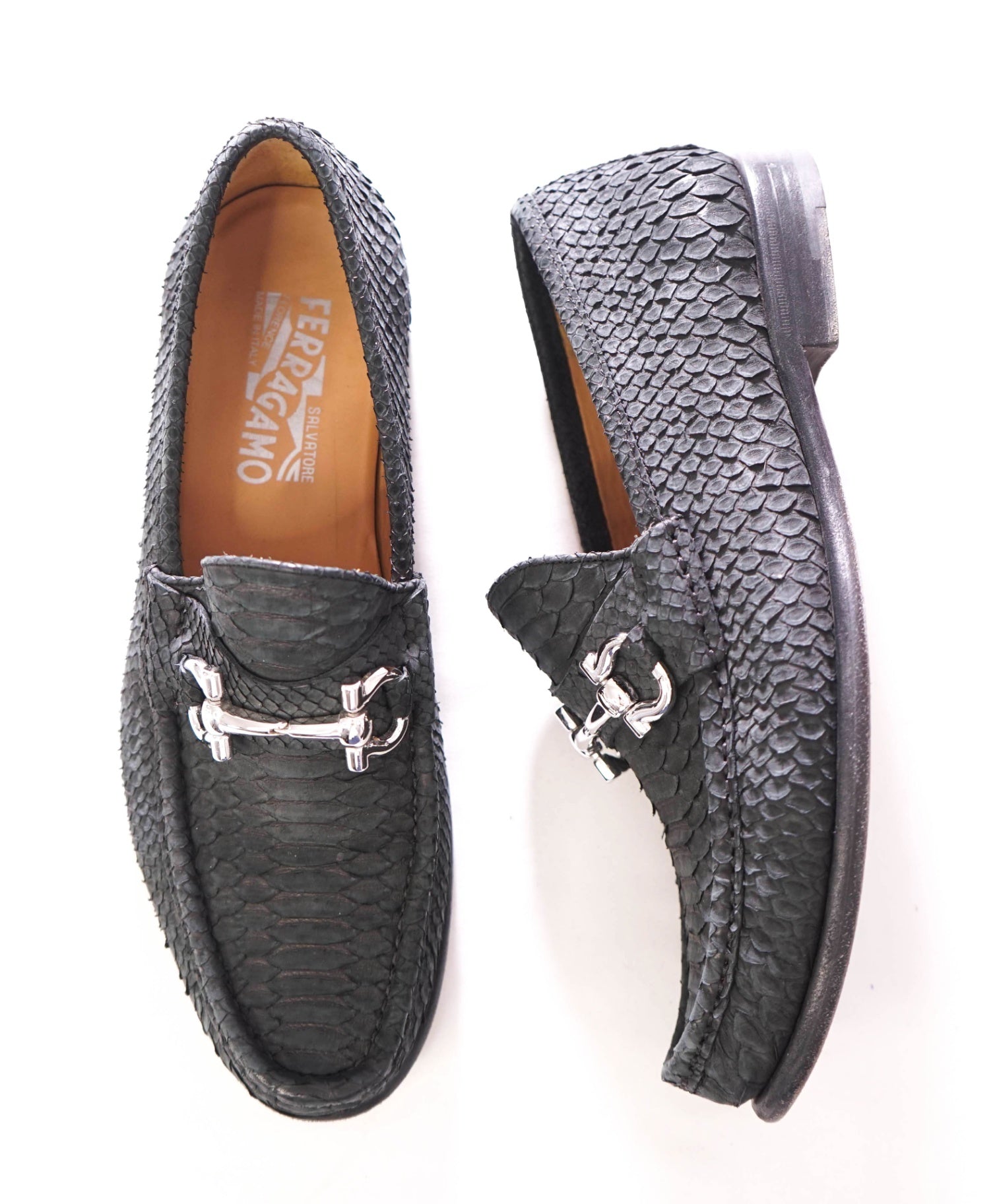 $2,650 FERRAGAMO - Python Skin Gray "MASON" Loafers - 8 EE