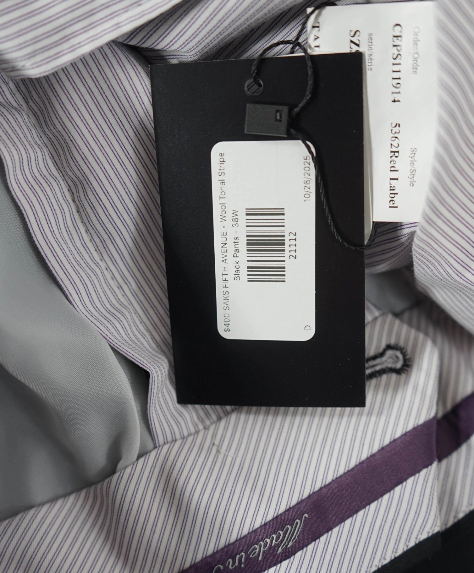 $400 SAKS FIFTH AVENUE - Wool Tonal Stripe Black Pants - 38W