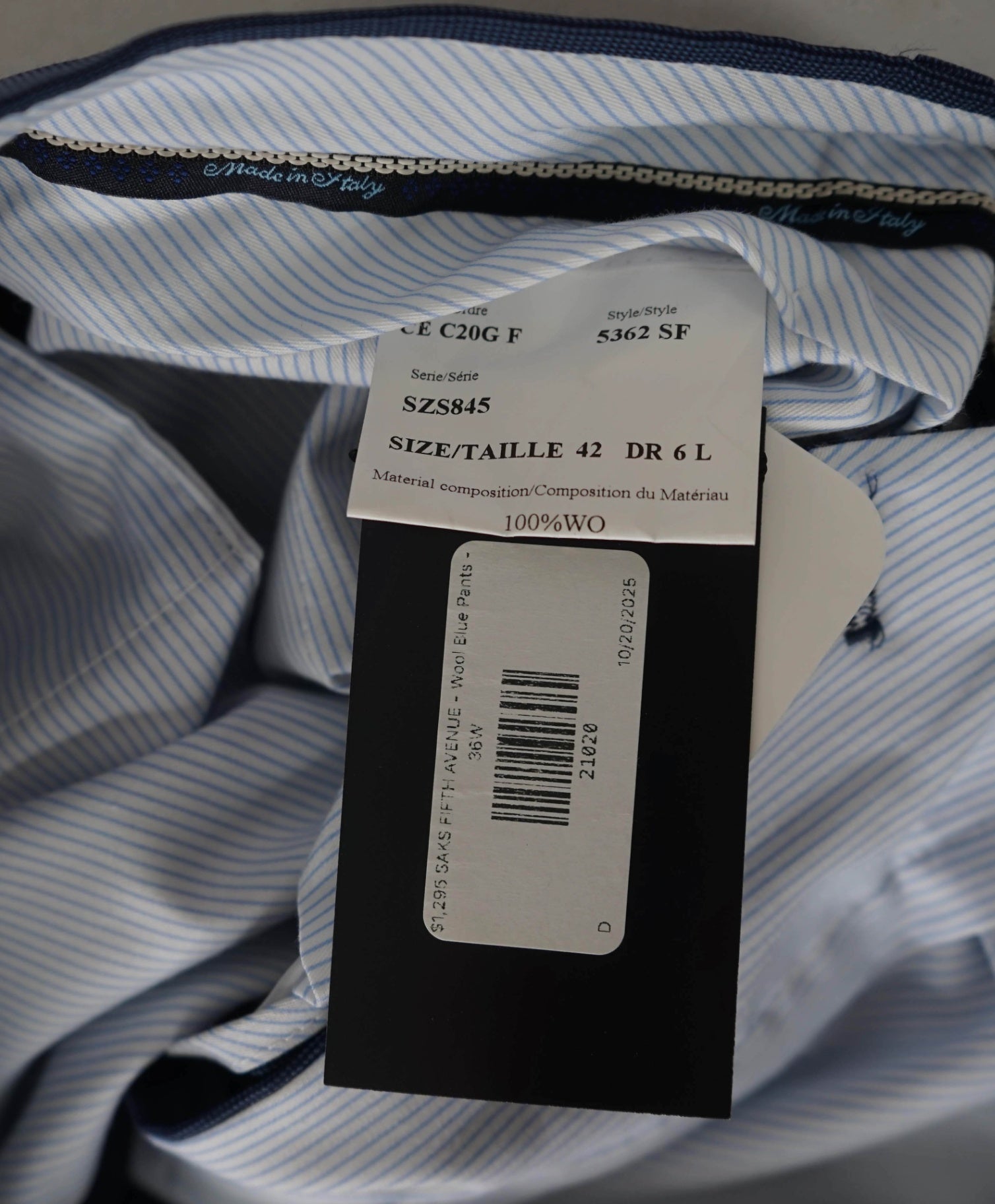 $1,295 SAKS FIFTH AVENUE - Wool Pastel Blue Pants - 36W