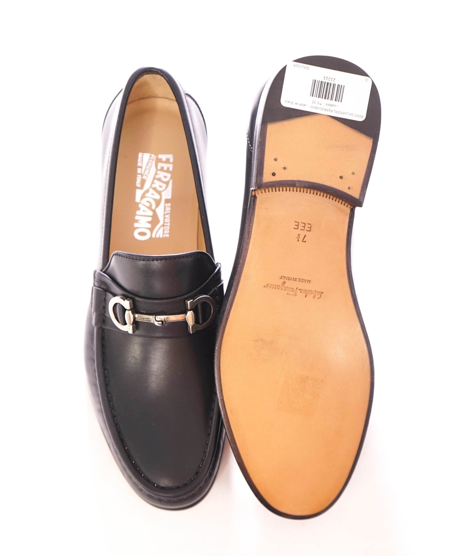 $850 SALVATORE FERRAGAMO - Leather Black Logo Bit Loafers - 7.5 3E