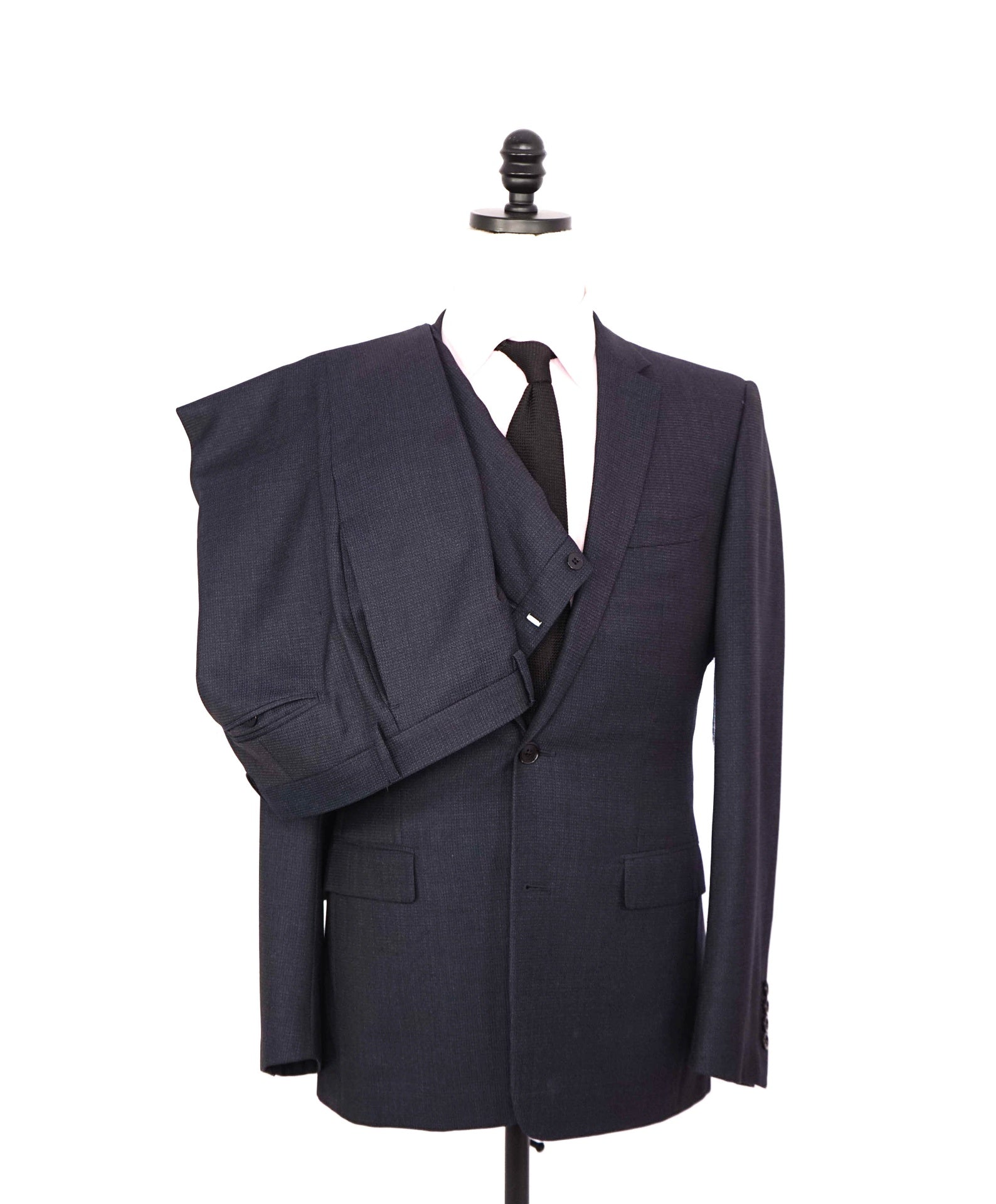 $3,500 DIOR - Navy Blue Wool Textured Classic Slim Lapel Suit - 38R