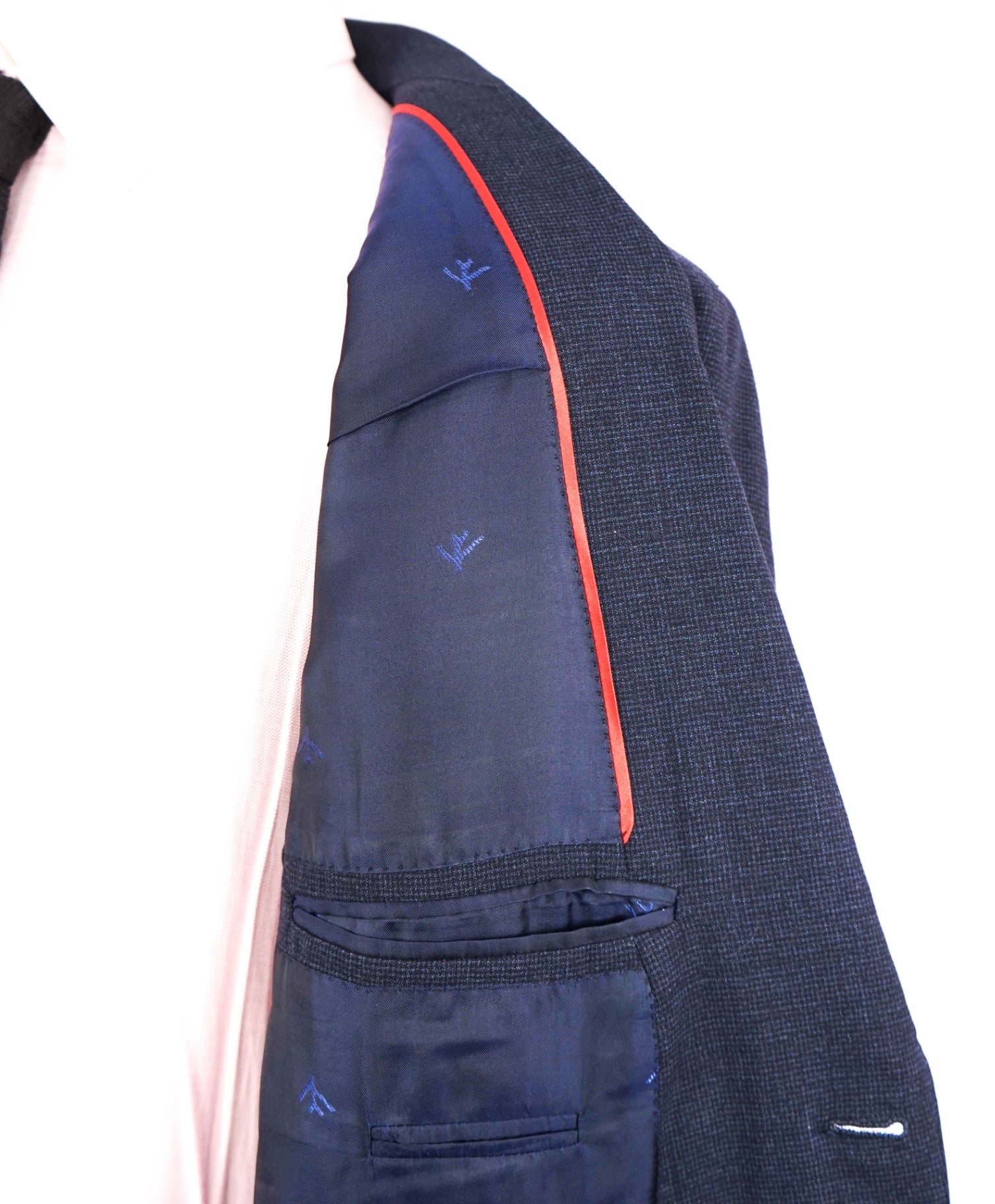 $4,050 ISAIA - Wool Navy Blue Micro check Suit - 42R