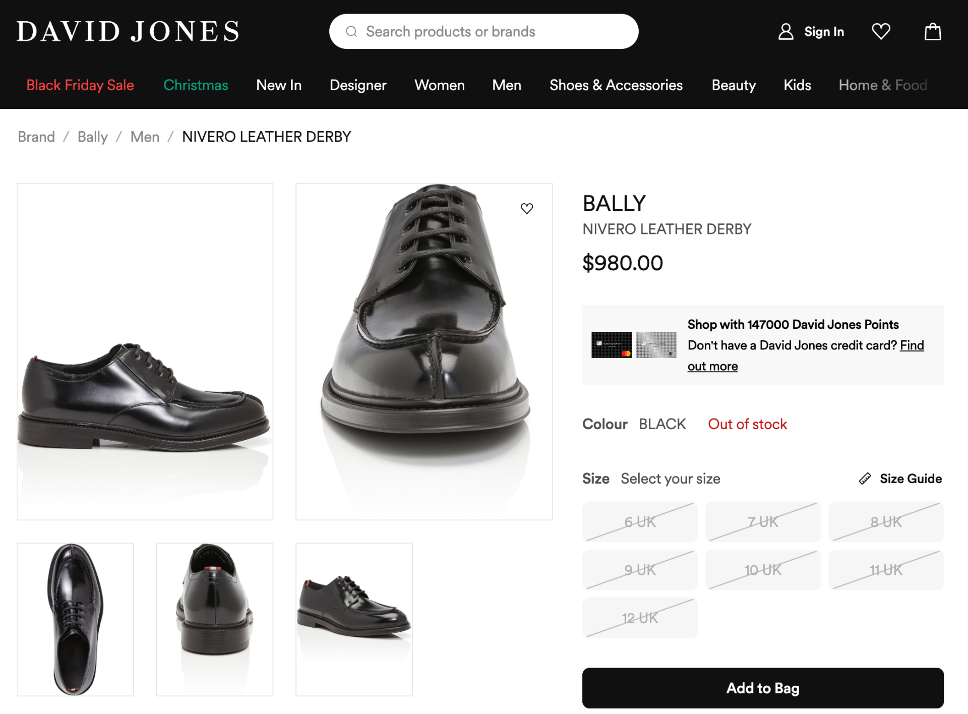 $980 BALLY - "NIVERO" Black Leather Lug Sole Derby - US 11 (UK10)