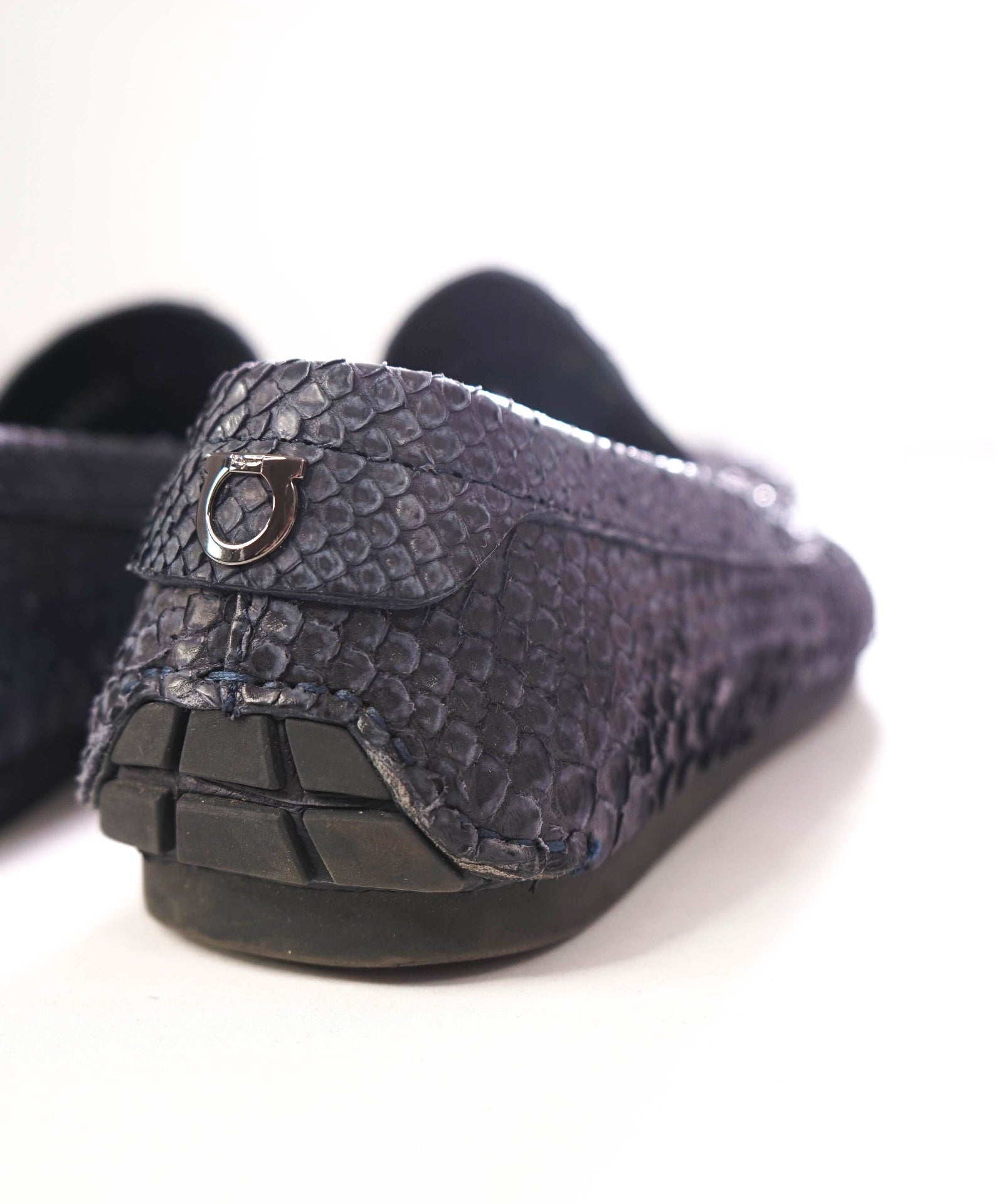$2,200 FERRAGAMO - Python Skin Navy Driving Loafers - 8.5 EE