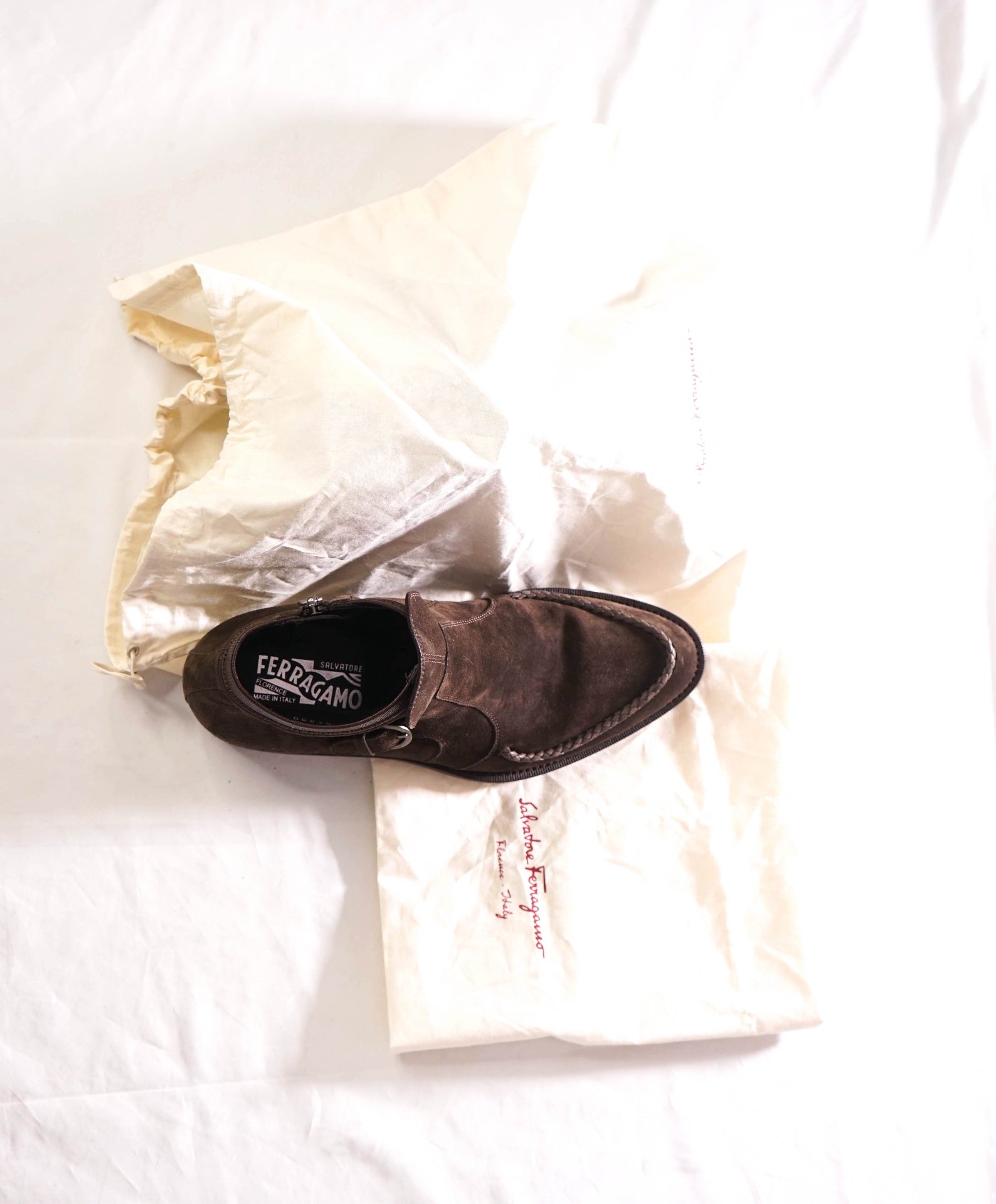 $1,150 FERRAGAMO - Braided Brown Suede Western Heel Boots - 8 D
