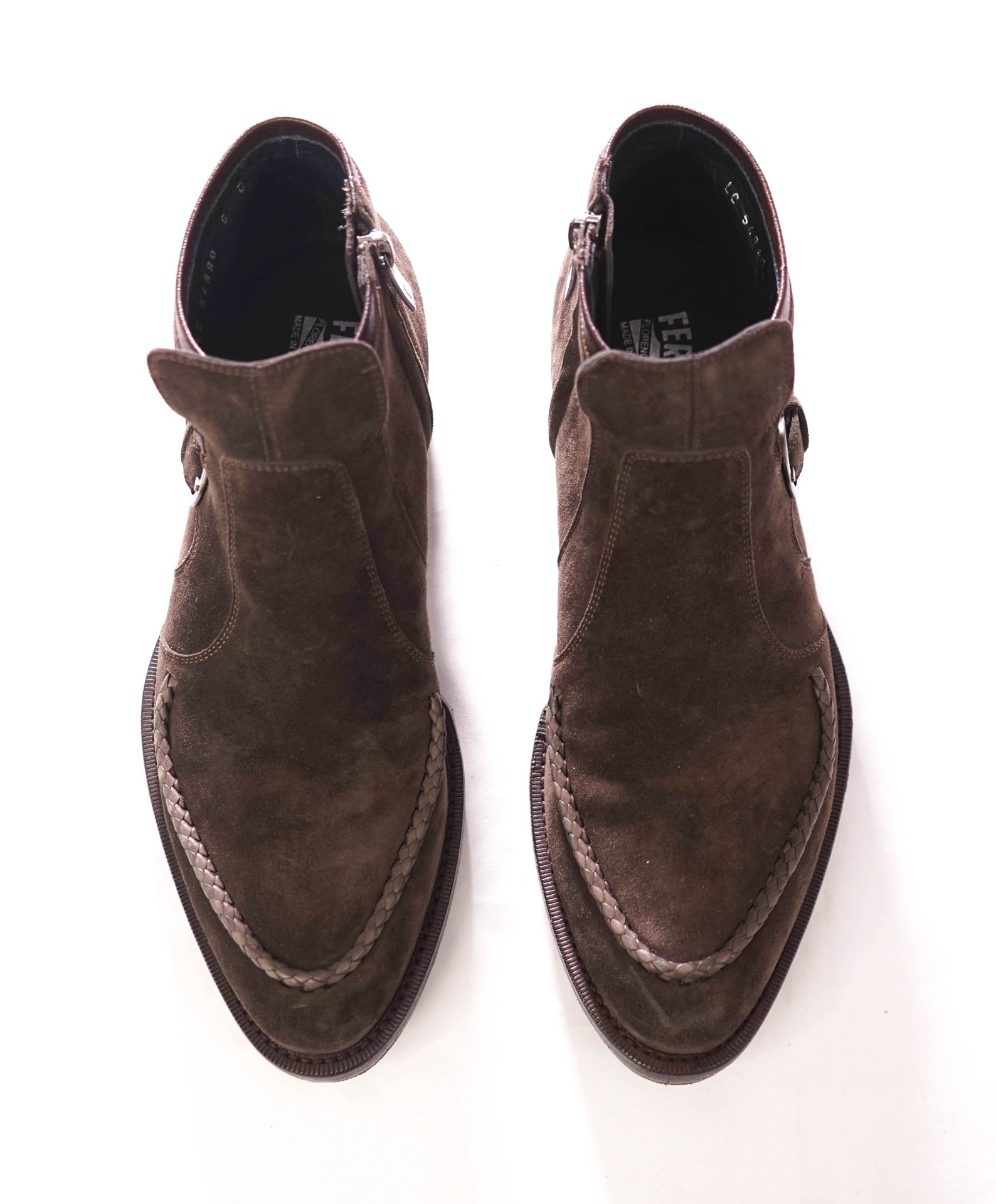 $1,150 FERRAGAMO - Braided Brown Suede Western Heel Boots - 8 D