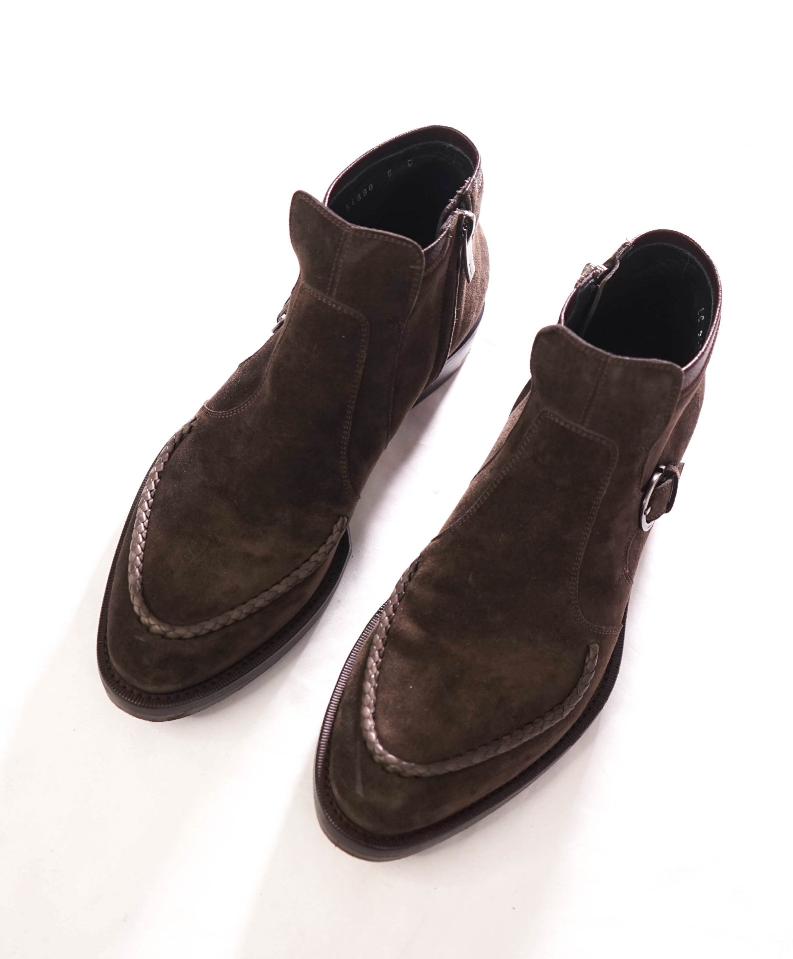 $1,150 FERRAGAMO - Braided Brown Suede Western Heel Boots - 8 D