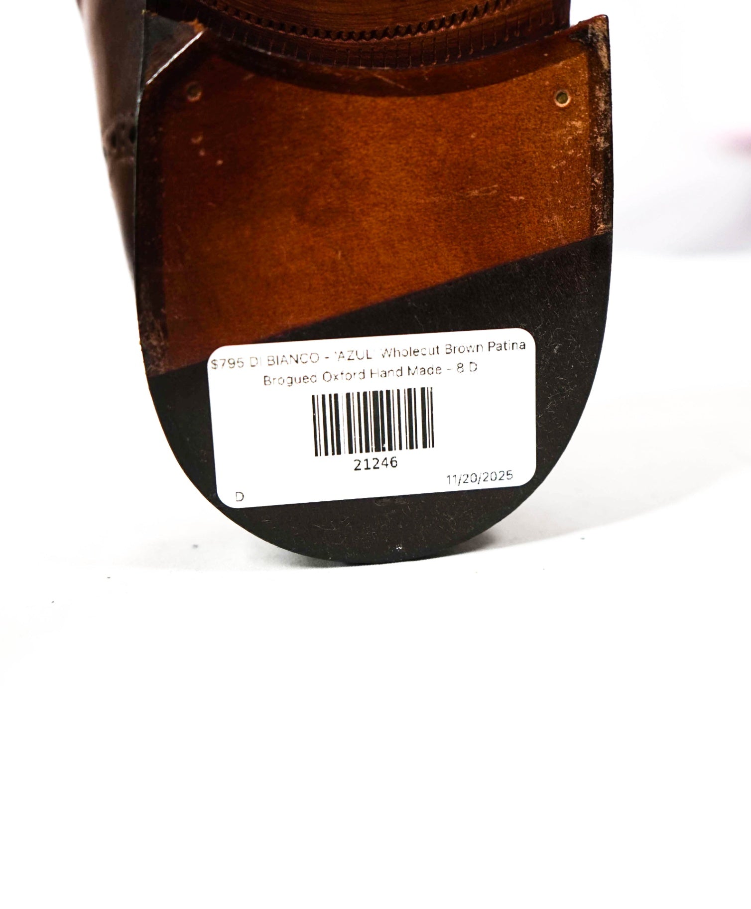 $795 DI BIANCO - 'AZUL' Wholecut Brown Patina Oxford Hand Made - 8 D