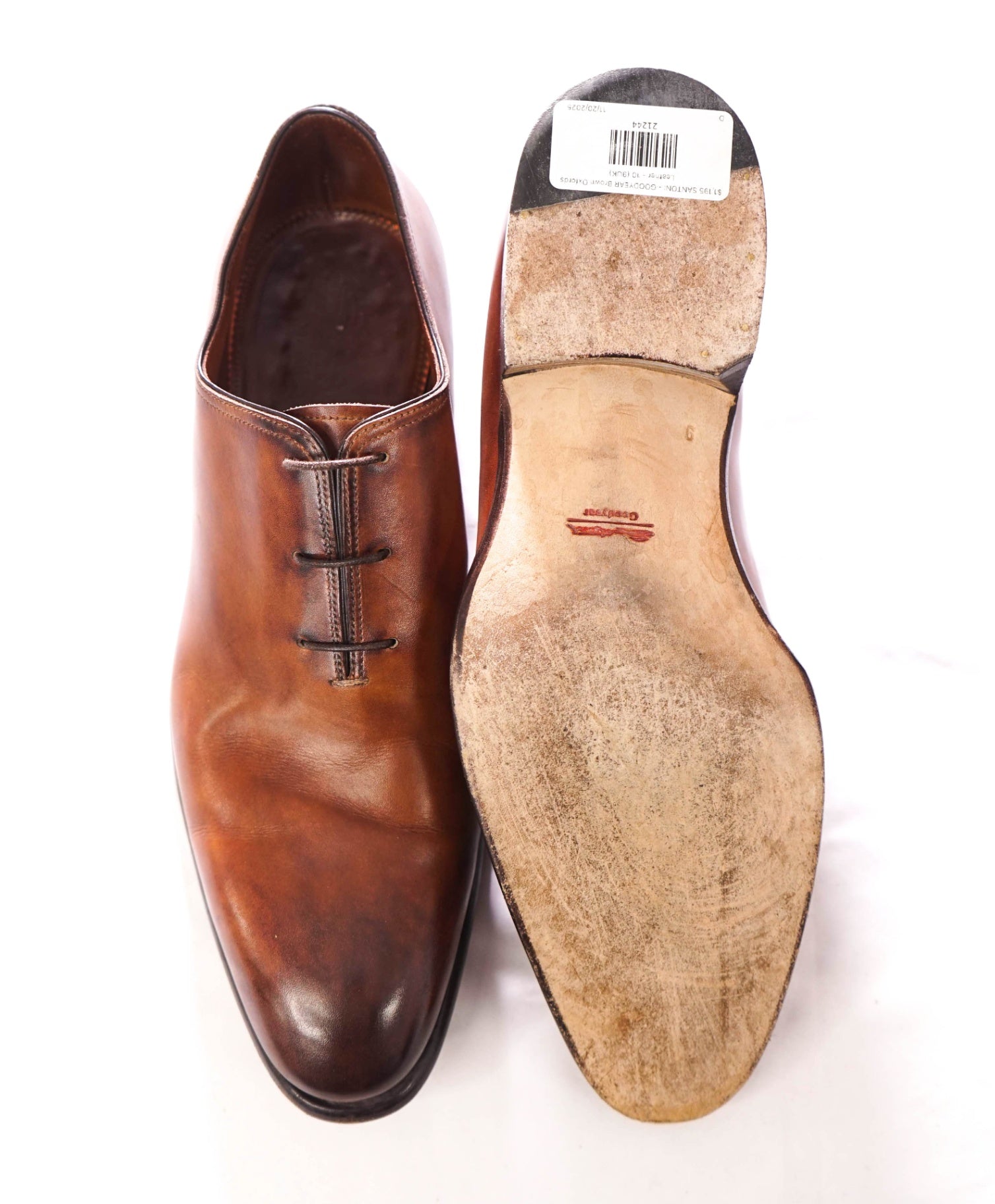 $1,195 SANTONI - GOODYEAR Brown Oxfords Patina Leather - 10 (9UK)