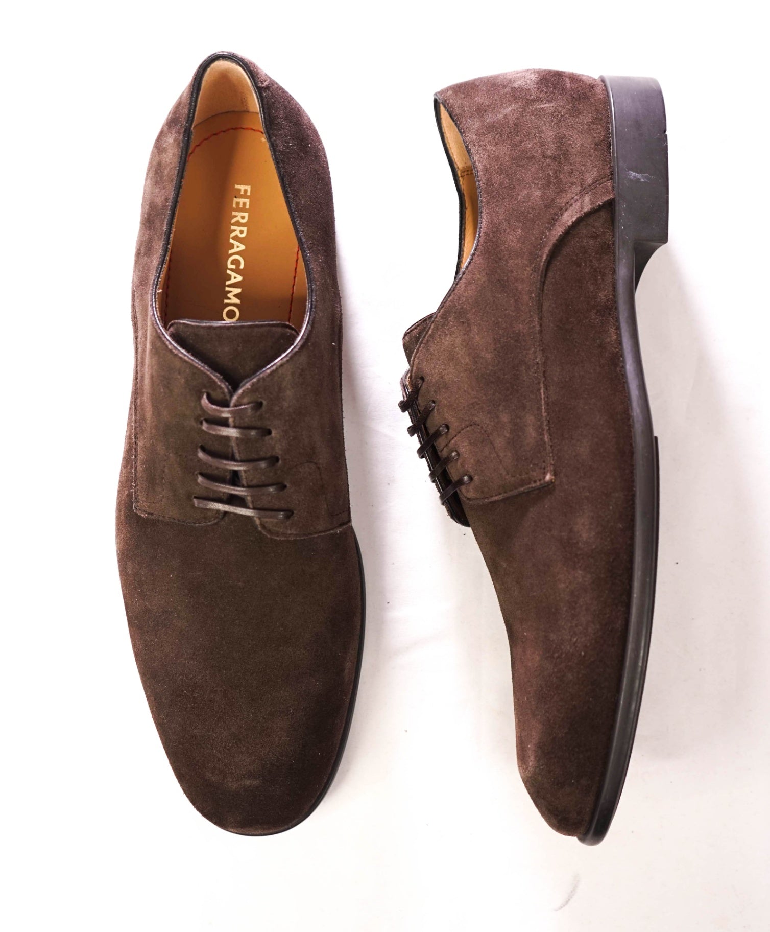 $880 FERRAGAMO - "FOSCO" Chocolate Brown Suede Derby - 10 E