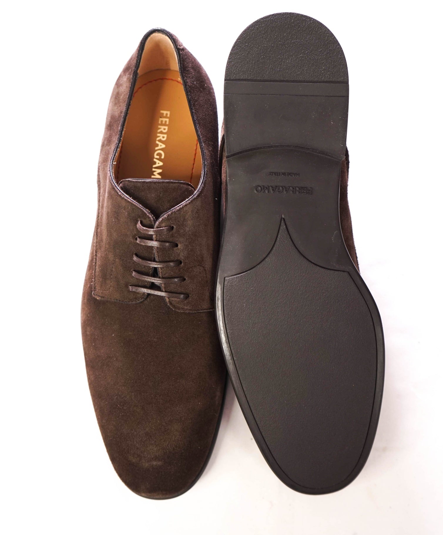 $880 FERRAGAMO - "FOSCO" Chocolate Brown Suede Derby - 10 E