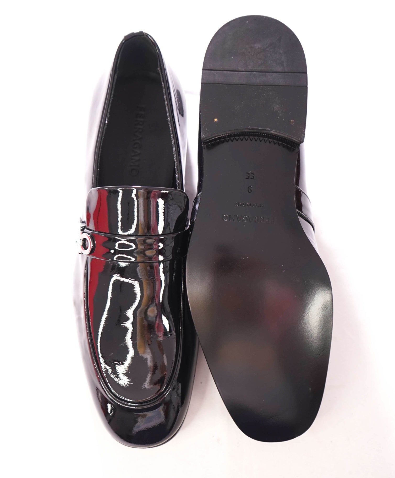 $950 FERRAGAMO - Black Patent Leather "DEAL" Loafers - 9 EE