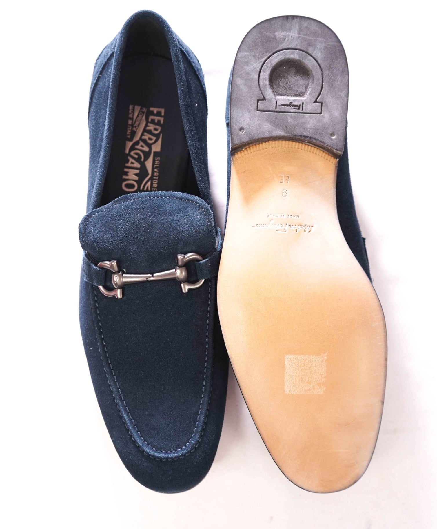 $850 FERRAGAMO - Navy Blue Suede "TAPAS" Loafers - 9 EE