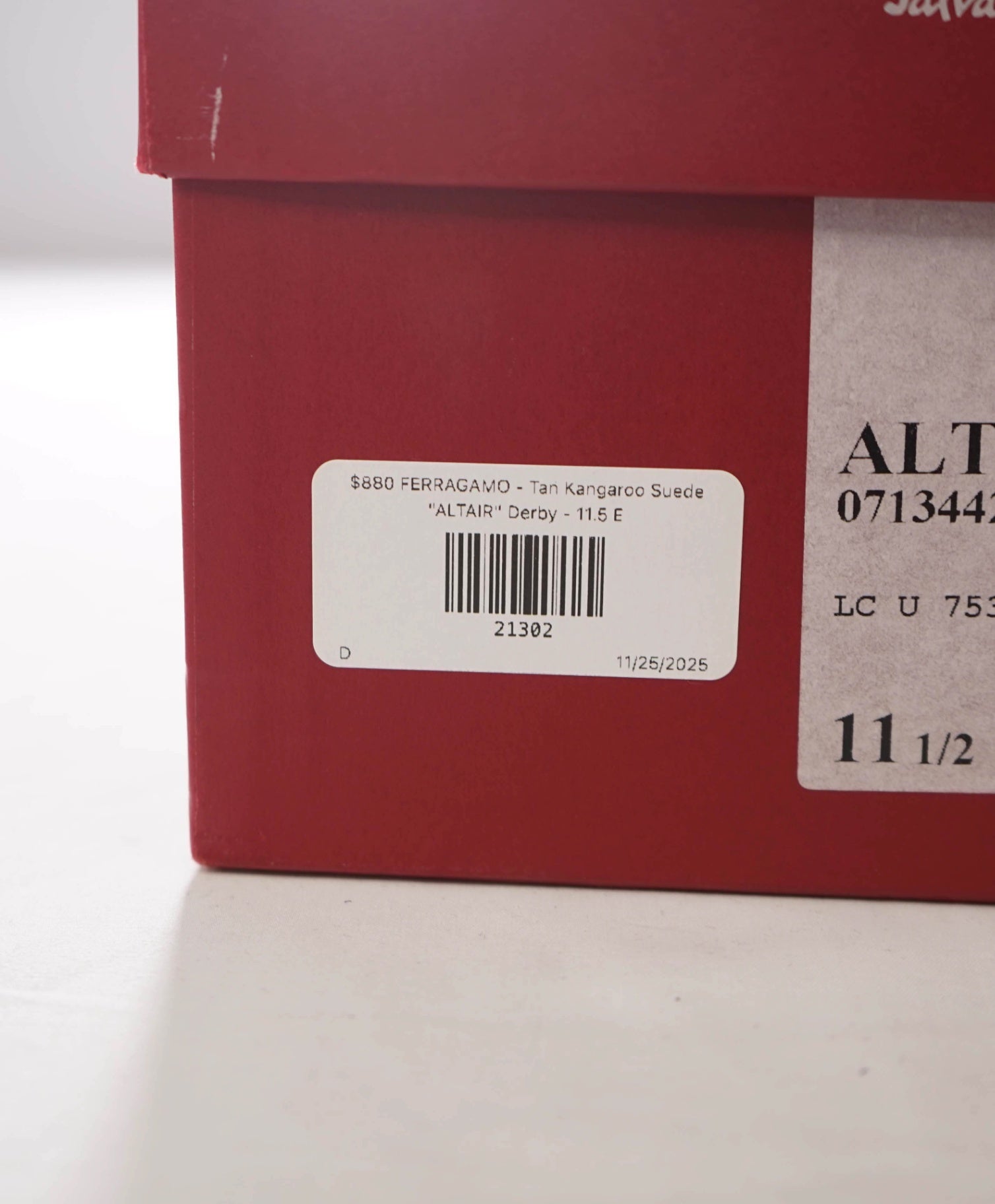 $880 FERRAGAMO - Tan Gancini Logo Suede "ALTAIR" Derby - 11.5 E