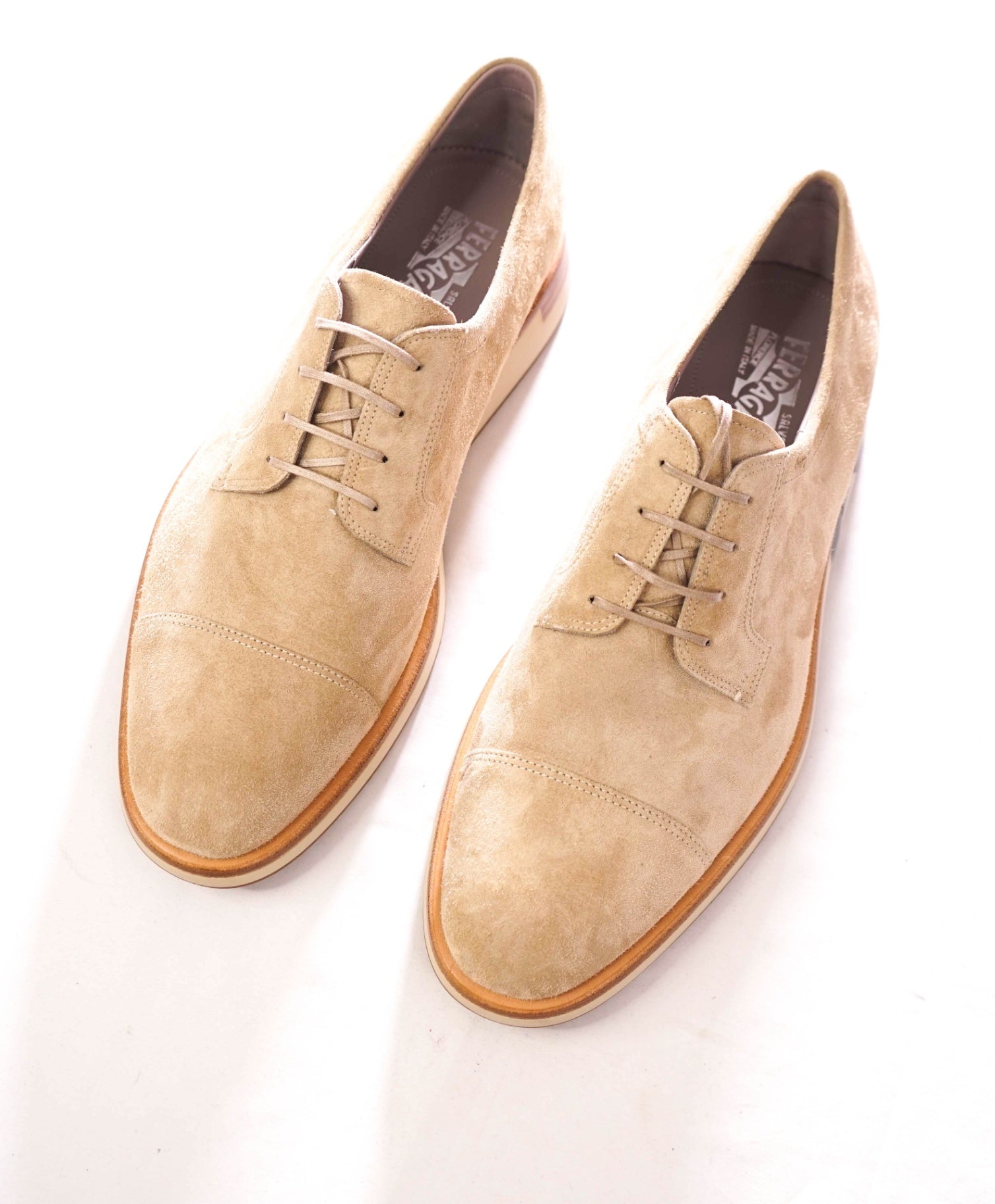 $880 FERRAGAMO - Tan Gancini Logo Suede "ALTAIR" Derby - 11.5 E