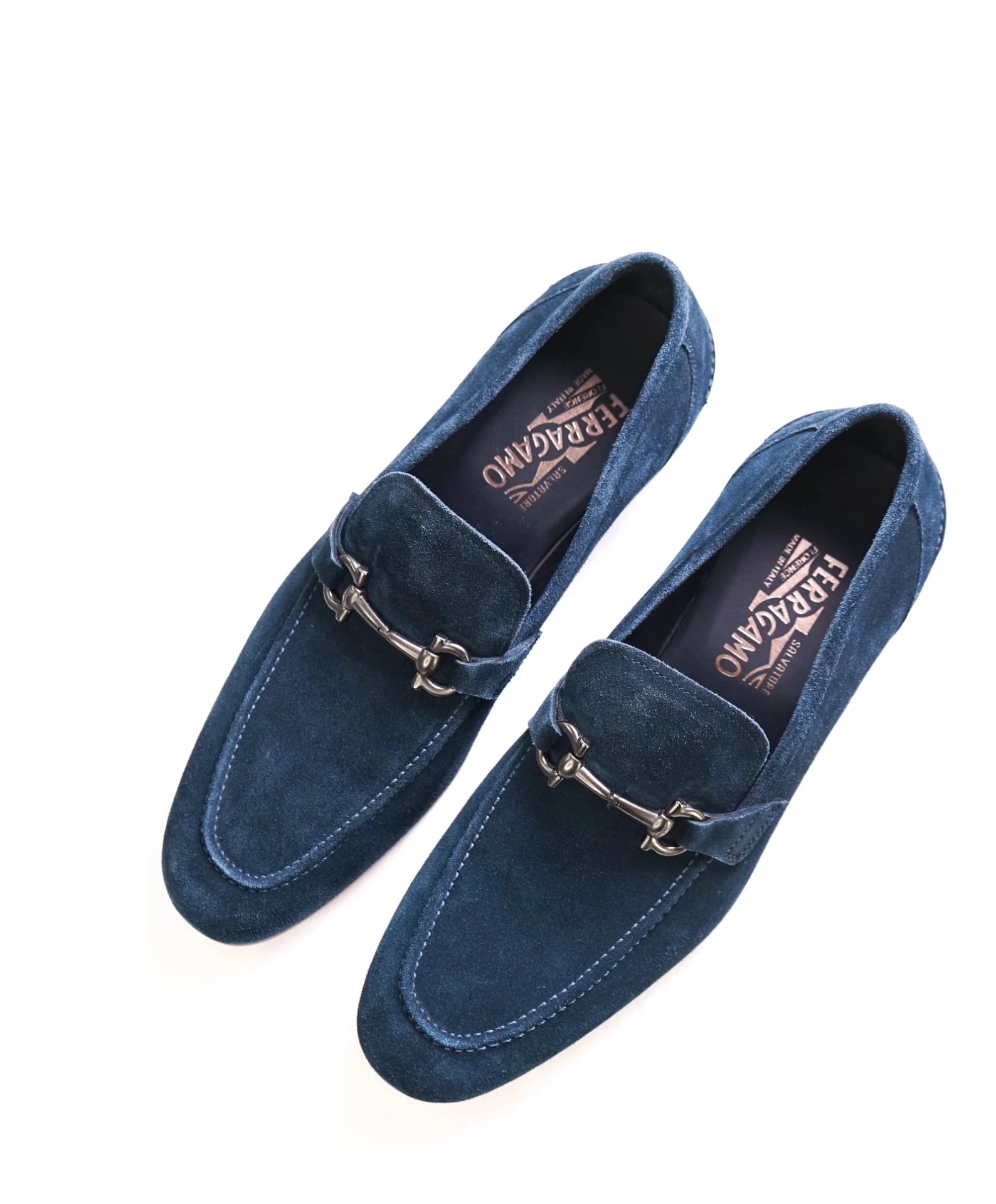$850 FERRAGAMO - Navy Blue Suede "TAPAS" Loafers - 9 EE