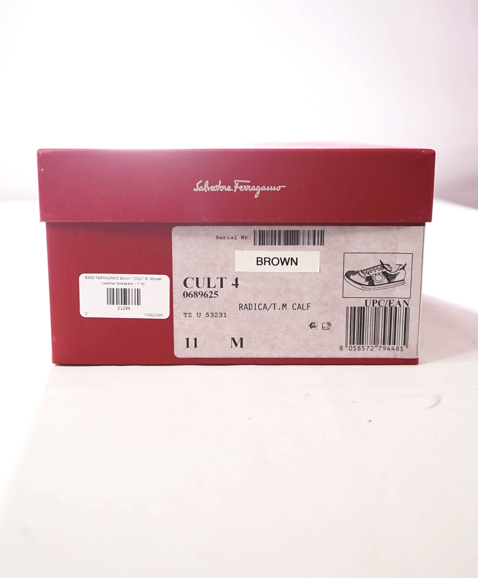 $850 FERRAGAMO - Brown "CULT 4" Woven Leather Sneakers - 11 M