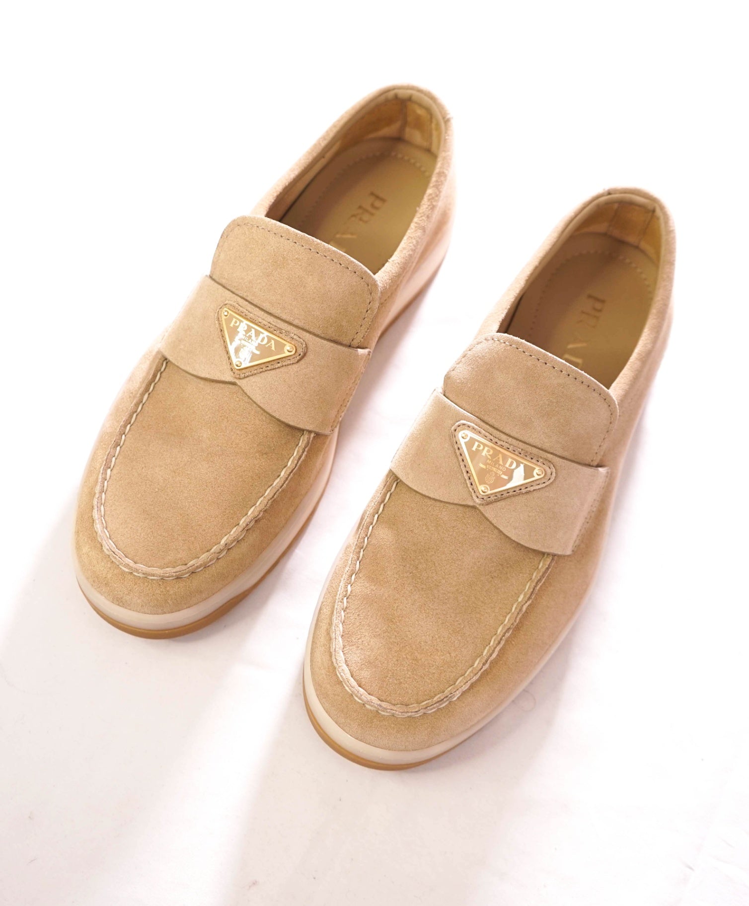 $1,070 PRADA - Tan Suede TRIANGLE LOGO Loafers - US 8 (UK7)