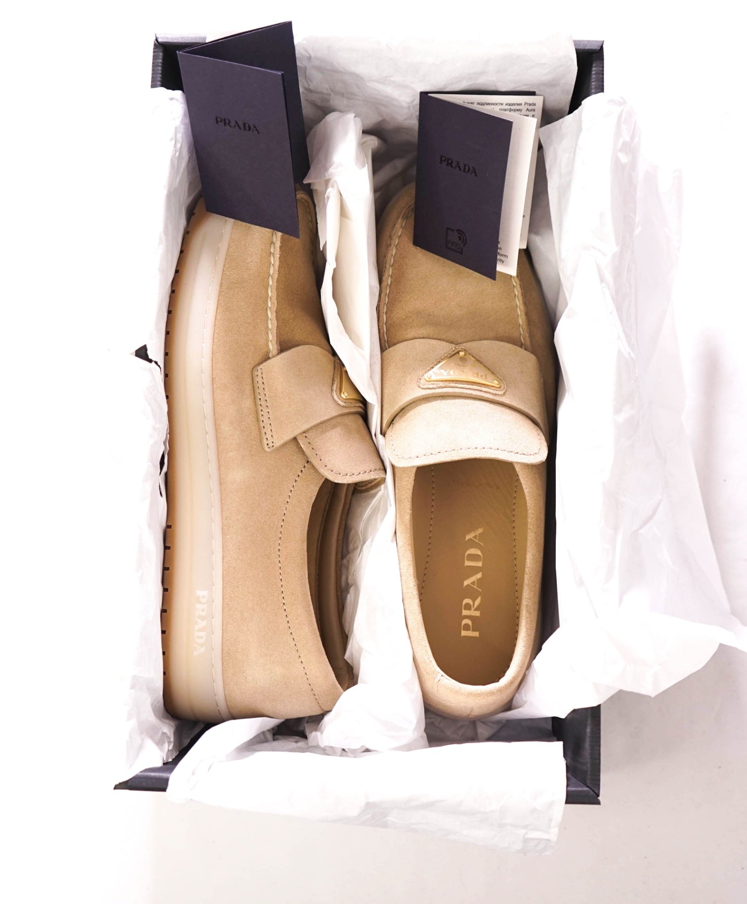 $1,070 PRADA - Tan Suede TRIANGLE LOGO Loafers - US 8 (UK7)