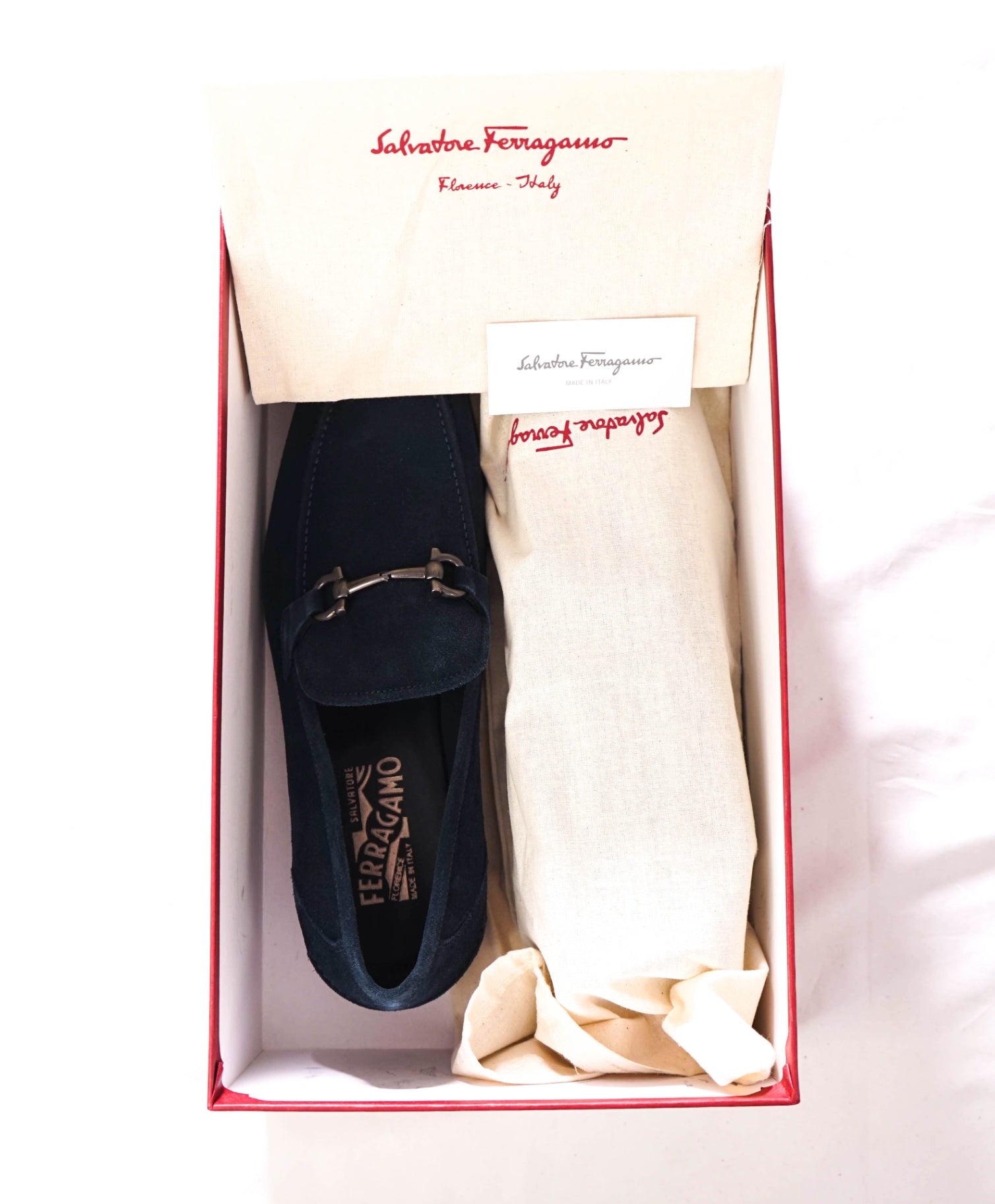 $850 FERRAGAMO - Navy Blue Suede "TAPAS" Loafers - 9 EE