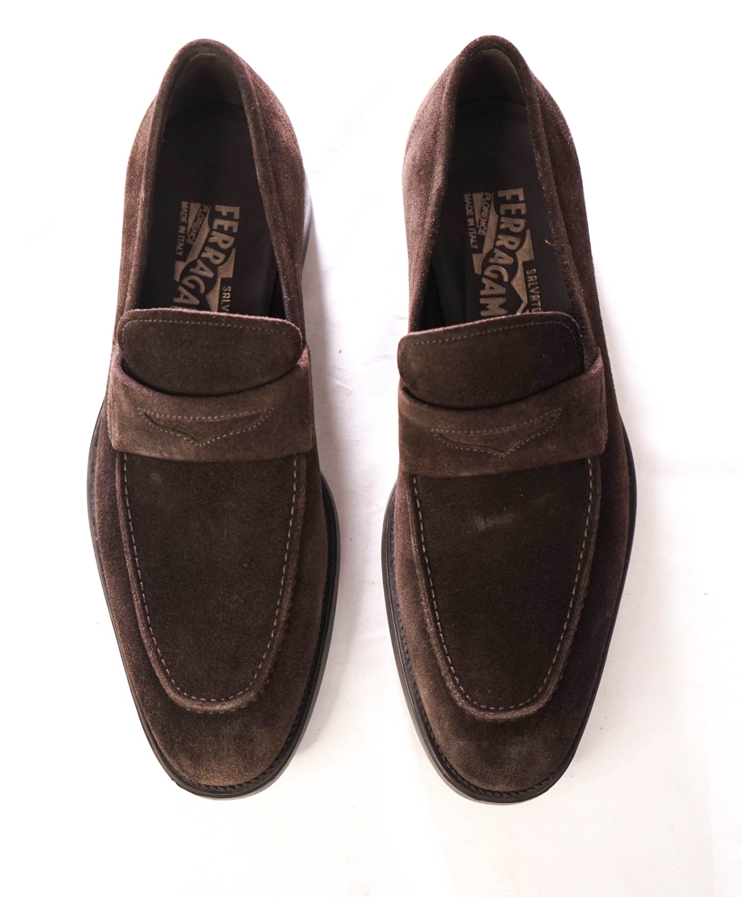 $850 FERRAGAMO - Brown Suede Penny Loafers - 7 EE