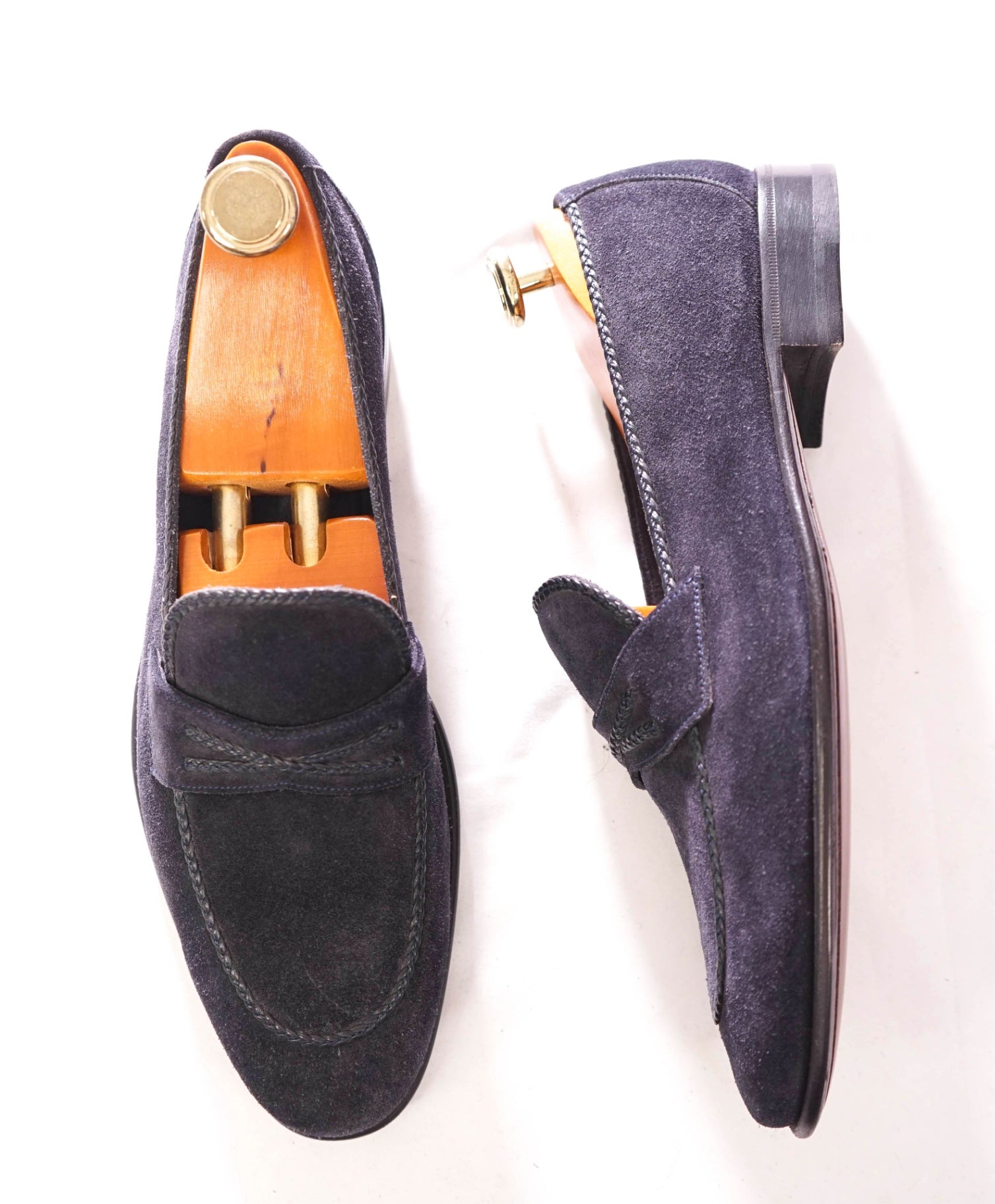 $1,100 A.TESTONI - Navy Unlined Suede Moc Penny Loafer - 8