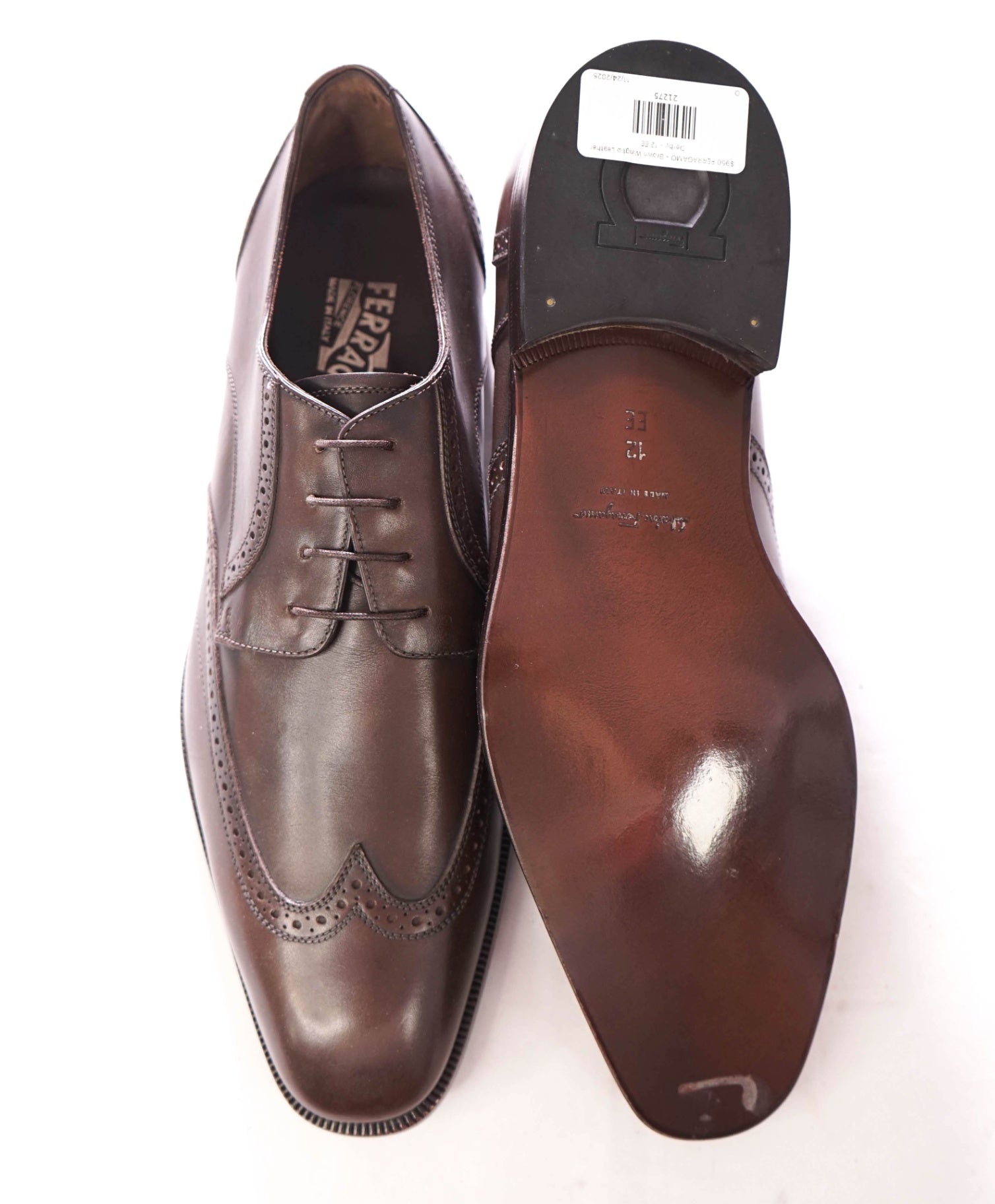 $950 FERRAGAMO - Brown Wingtip Leather Derby - 12 EE
