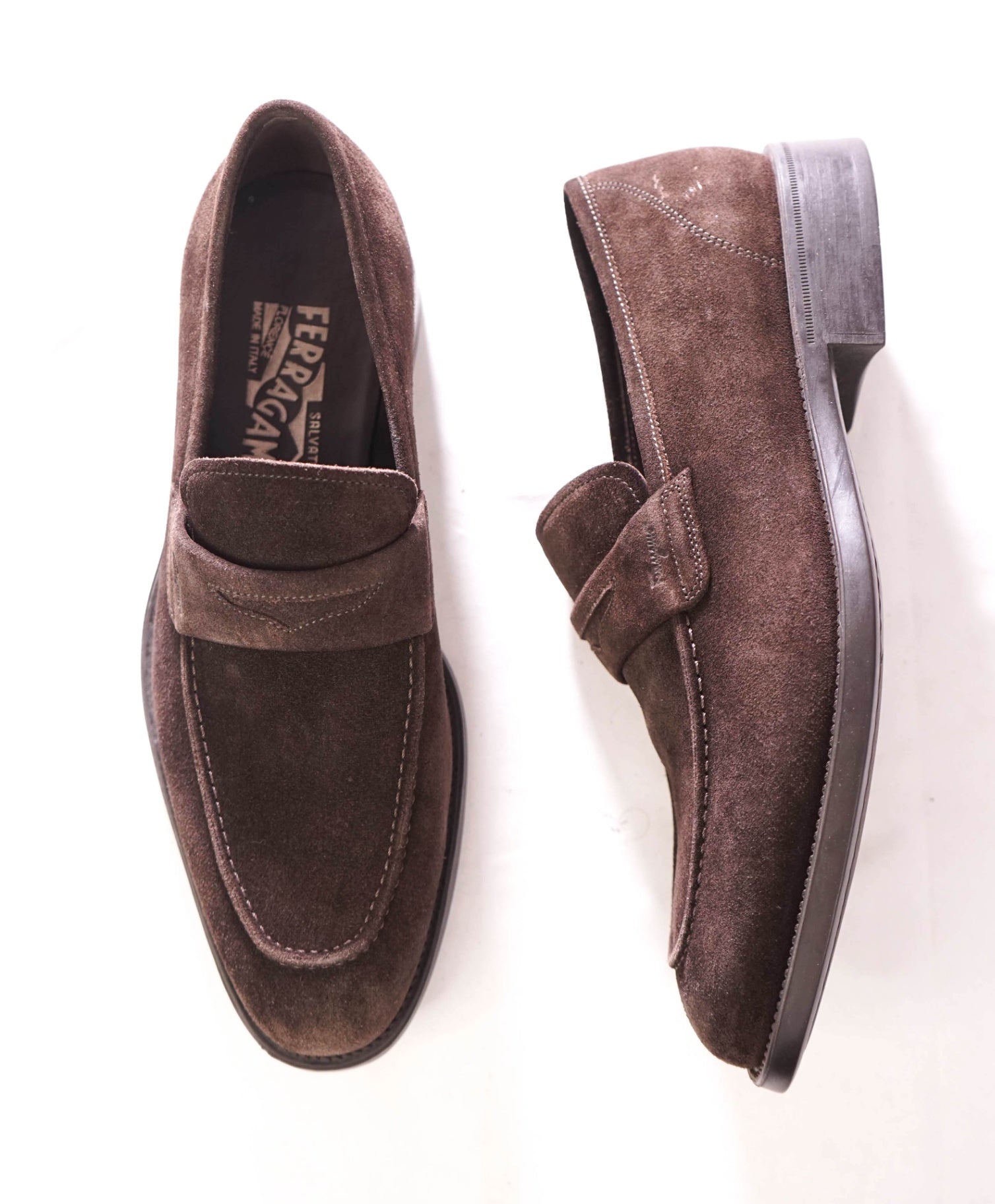 $850 FERRAGAMO - Brown Suede Penny Loafers - 7 EE